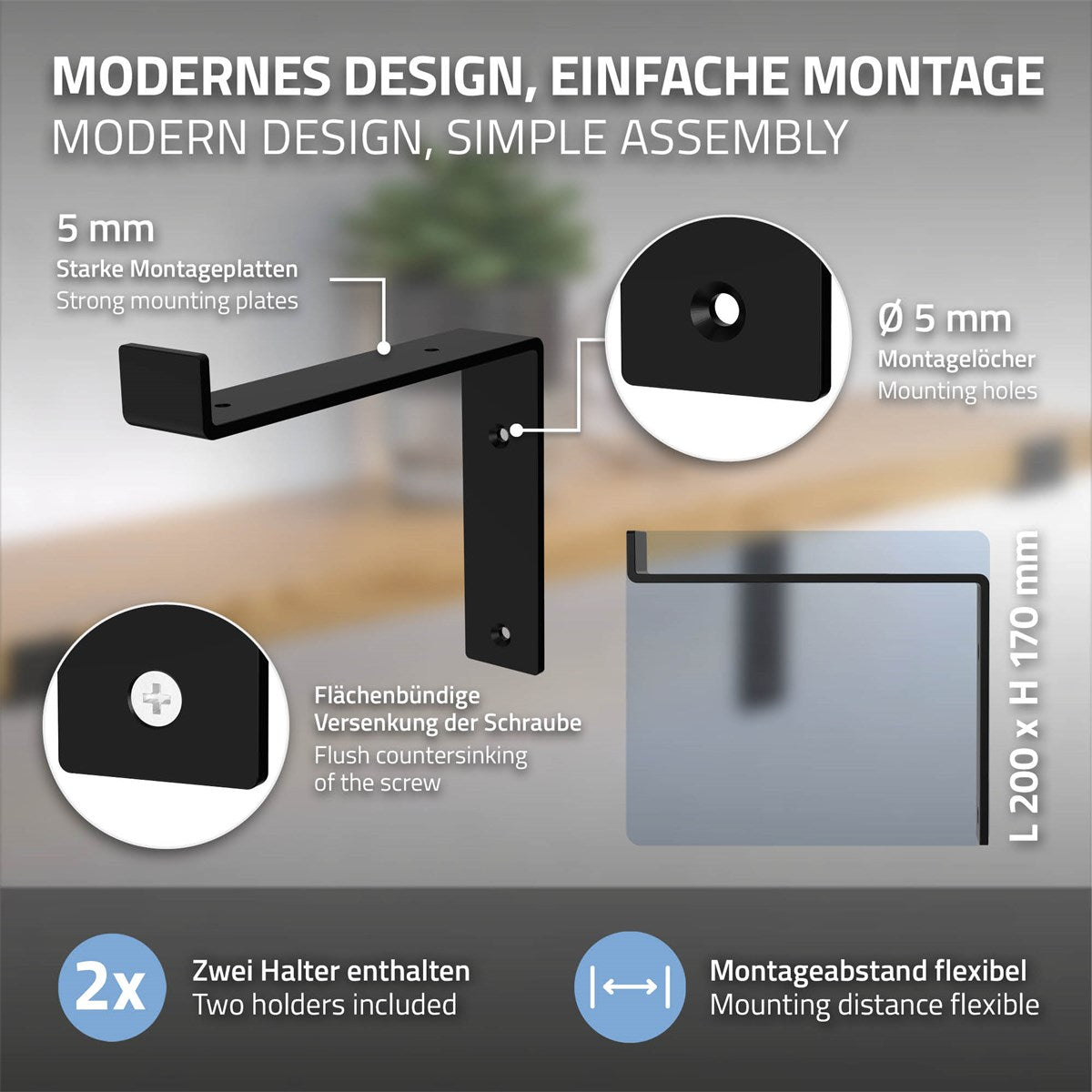 ECD Germany Möbel Support Étagère Acier Gris 200 mm Lot 2