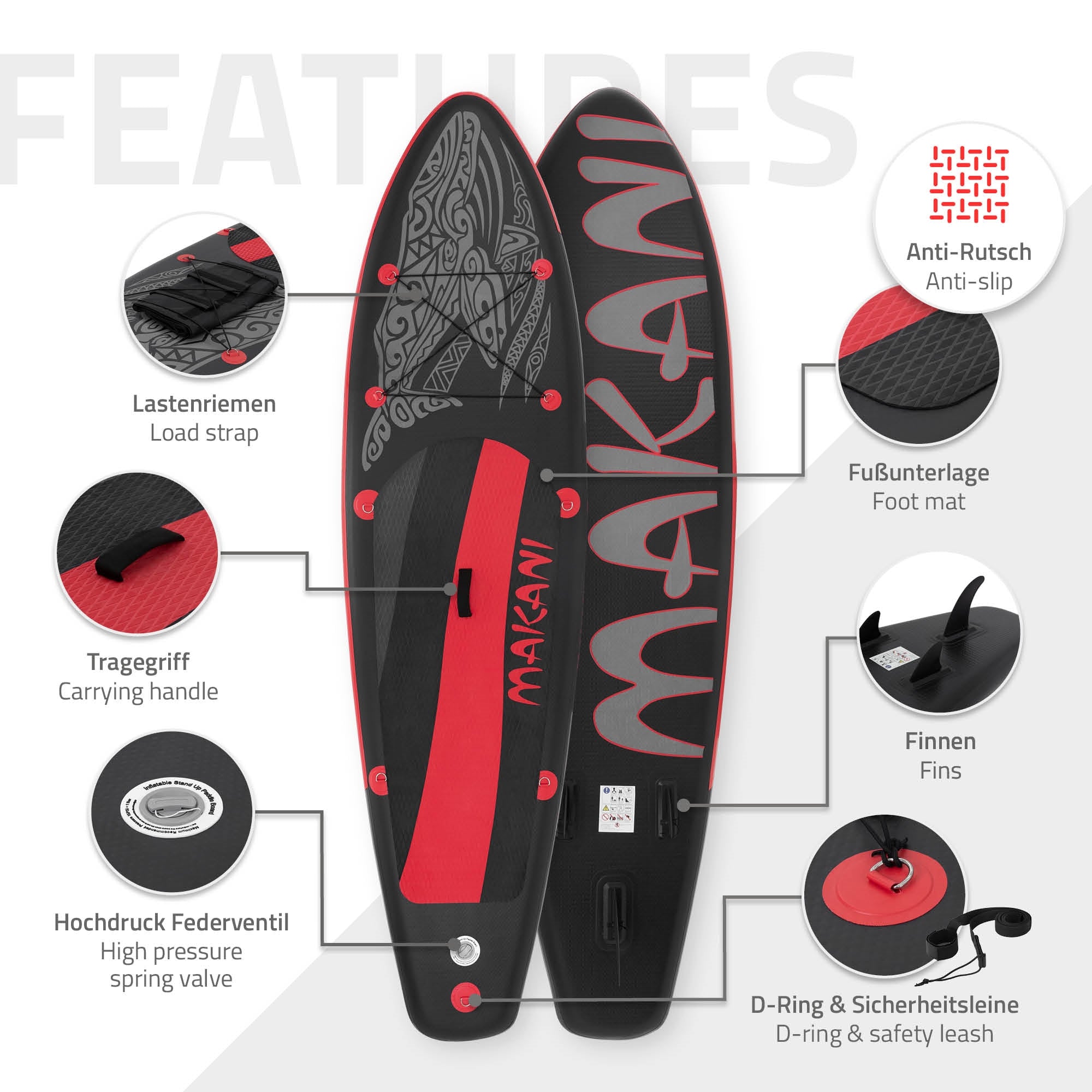 ECD Germany Makani paddle gonflable noir rouge 320x80x15 cm