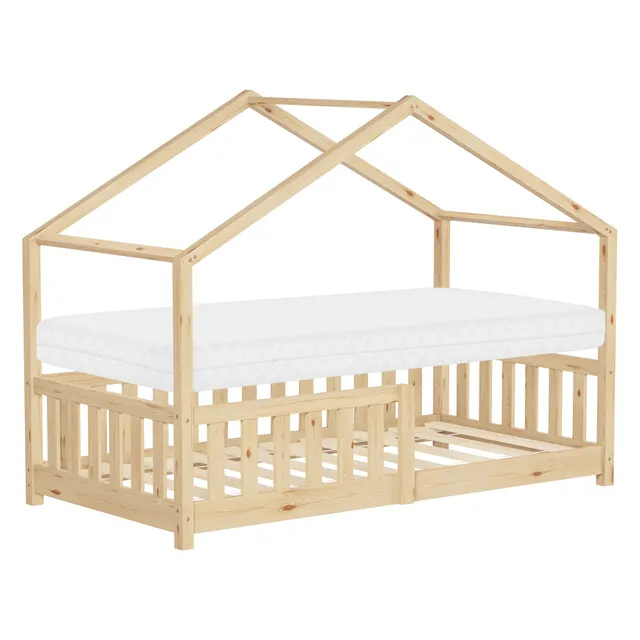 ECD Germany Kinder lit cabane 80x160 nature avec matelas 10 cm