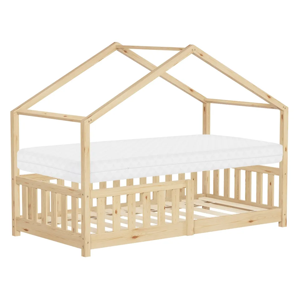 ECD Germany Kinder lit cabane 80x160 nature avec matelas 10 cm