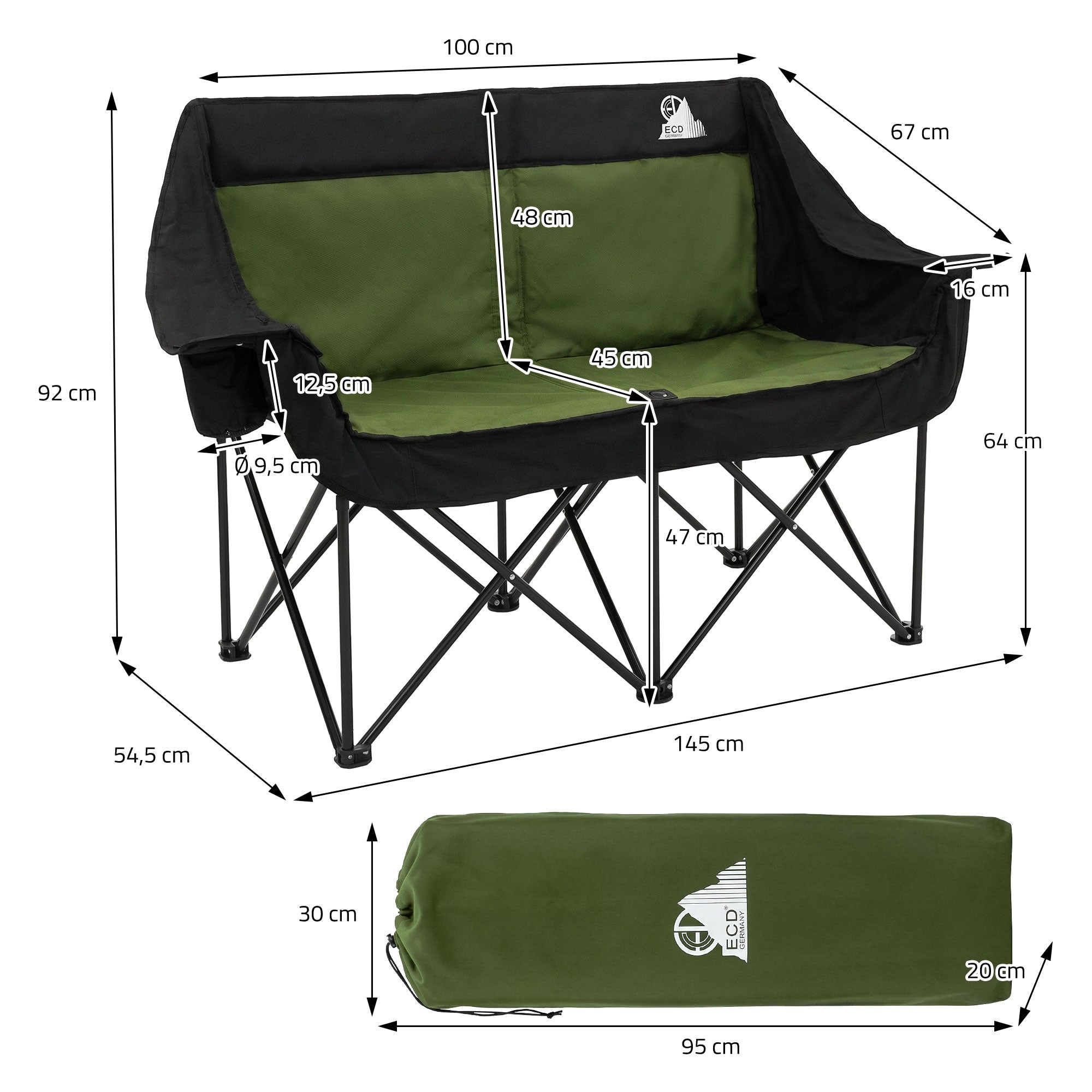 ECD Germany chaise camping double pliante kaki 2 places 200 kg