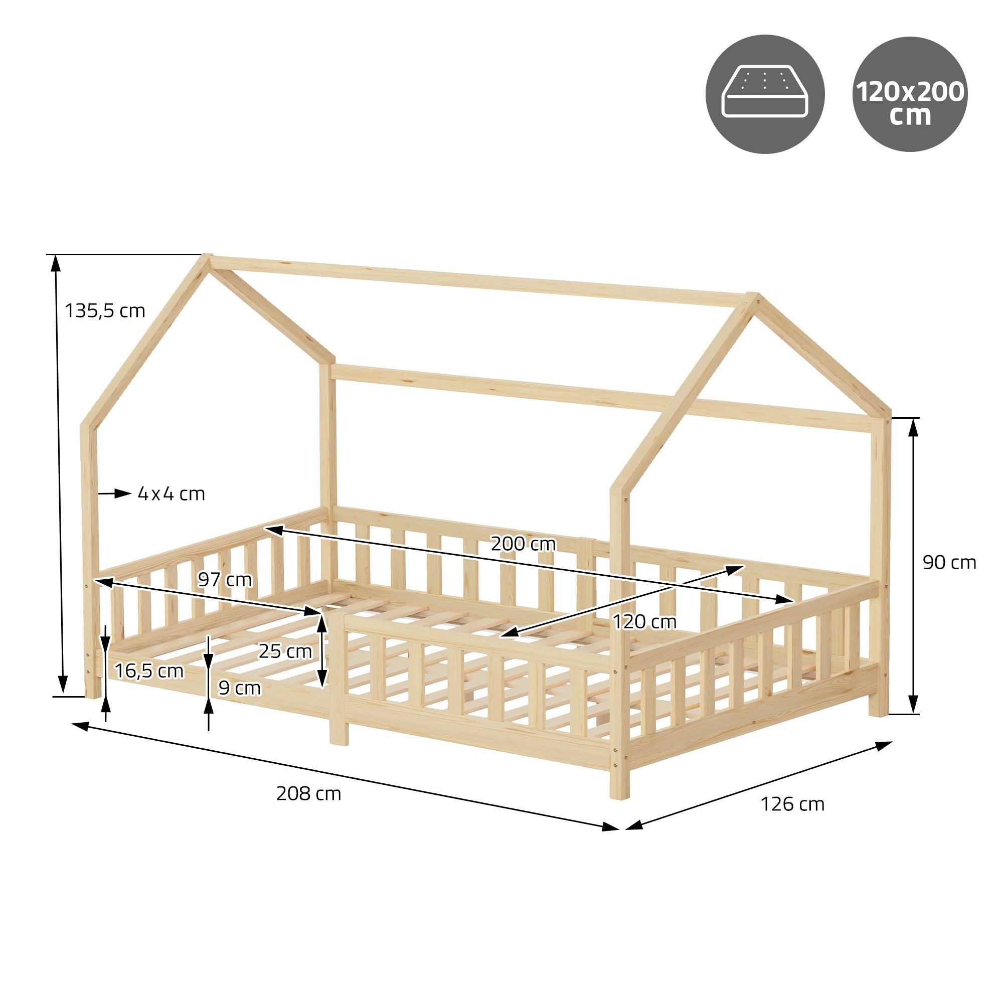 ECD Kinder lit cabane enfant 120x200 pin nature barrière toit