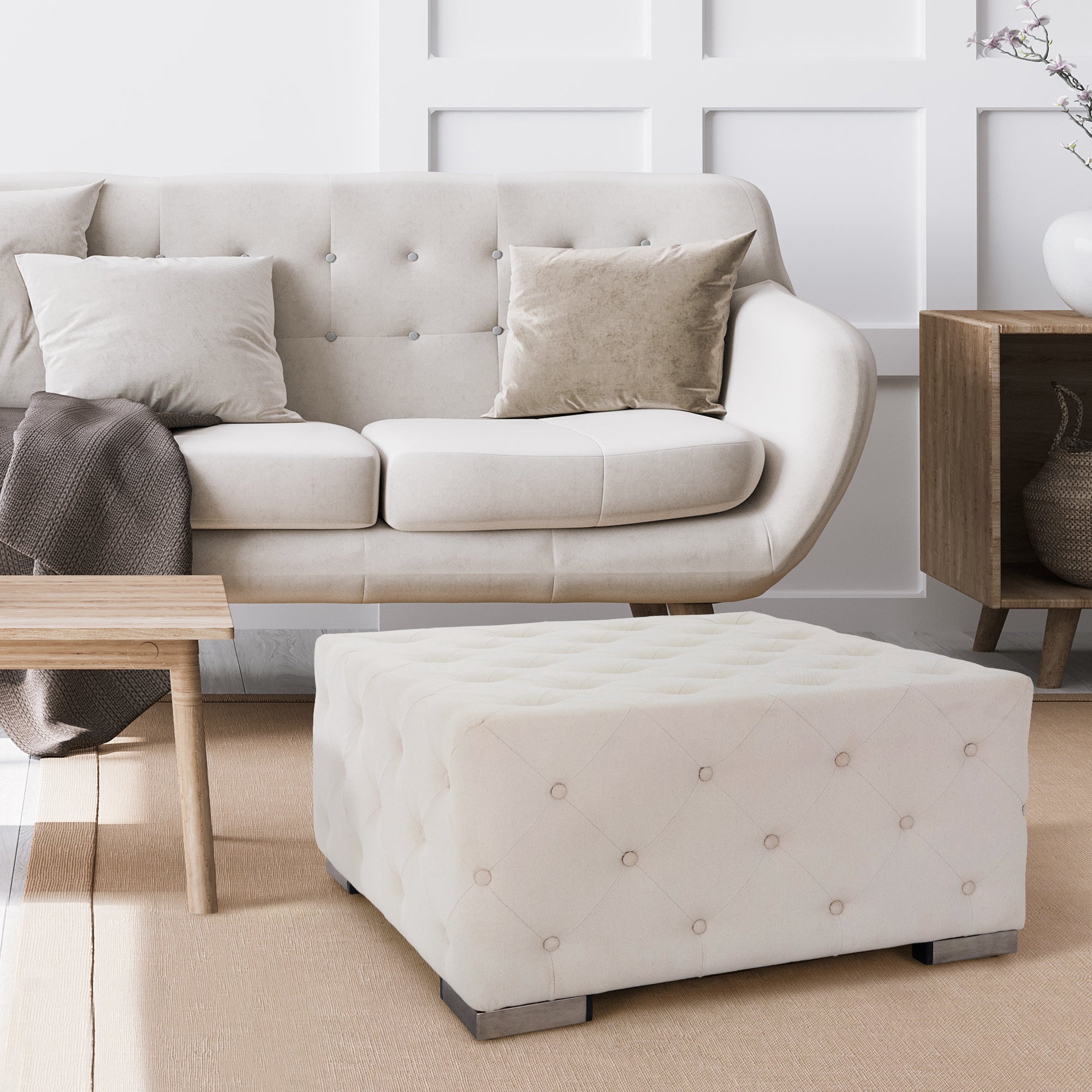 ECD Germany Möbel pouf XXL crème 90x45x90 cm lin