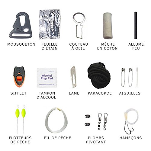Shop-Story Kit Survie 21 Pièces Grenade Noir Camping Outdoor