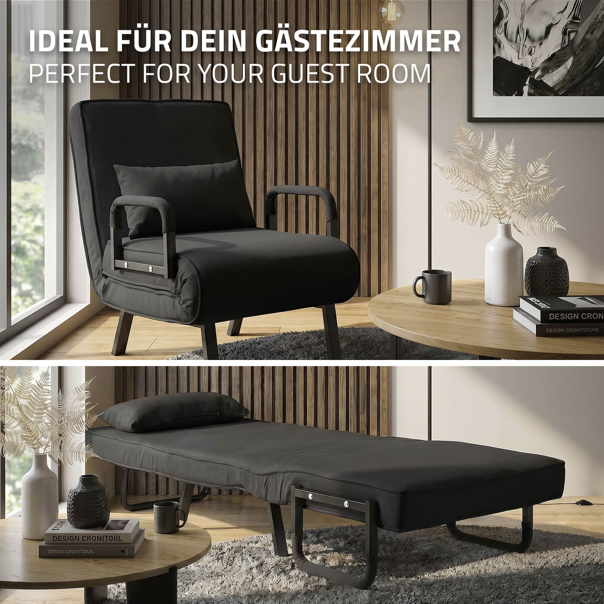 ECD Germany ML-Design fauteuil lit chenille noir 186x60 cm convertible