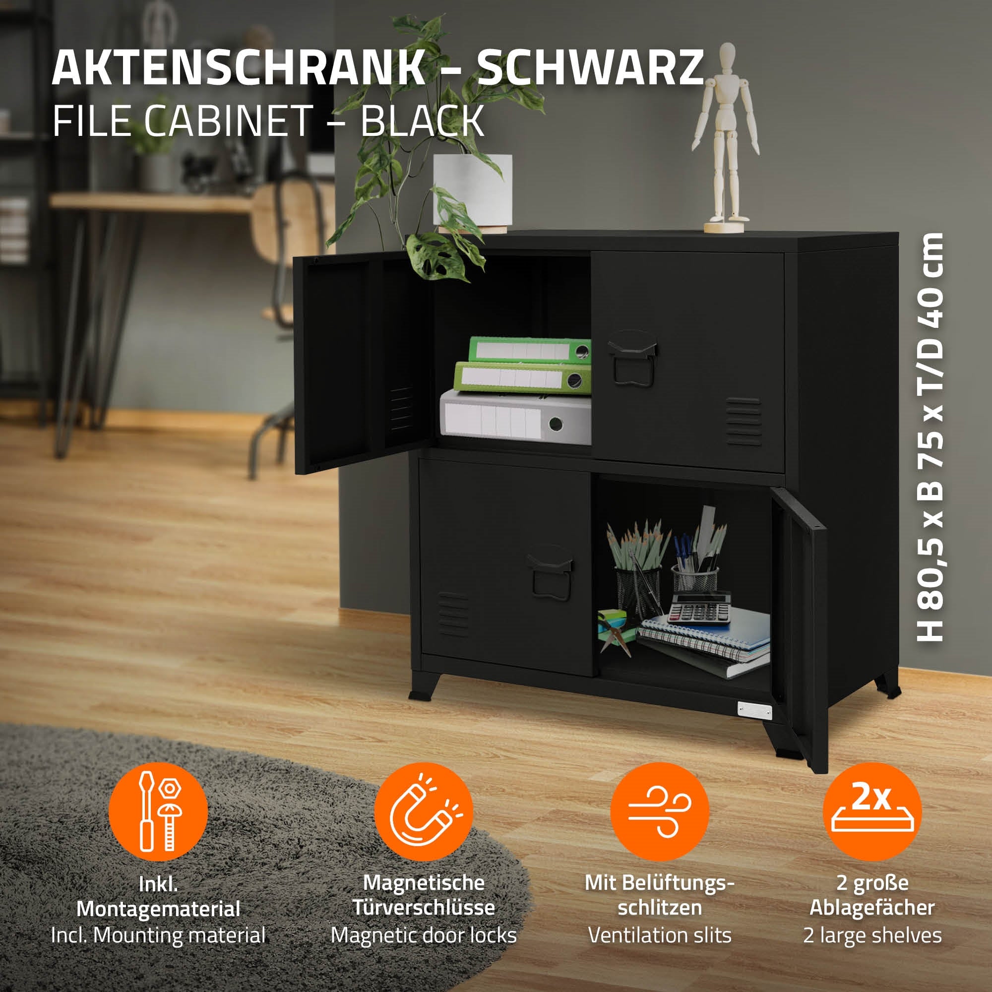 ECD Germany Werkstatt & Werkzeuge armoire bureau acier noir 75x40 cm