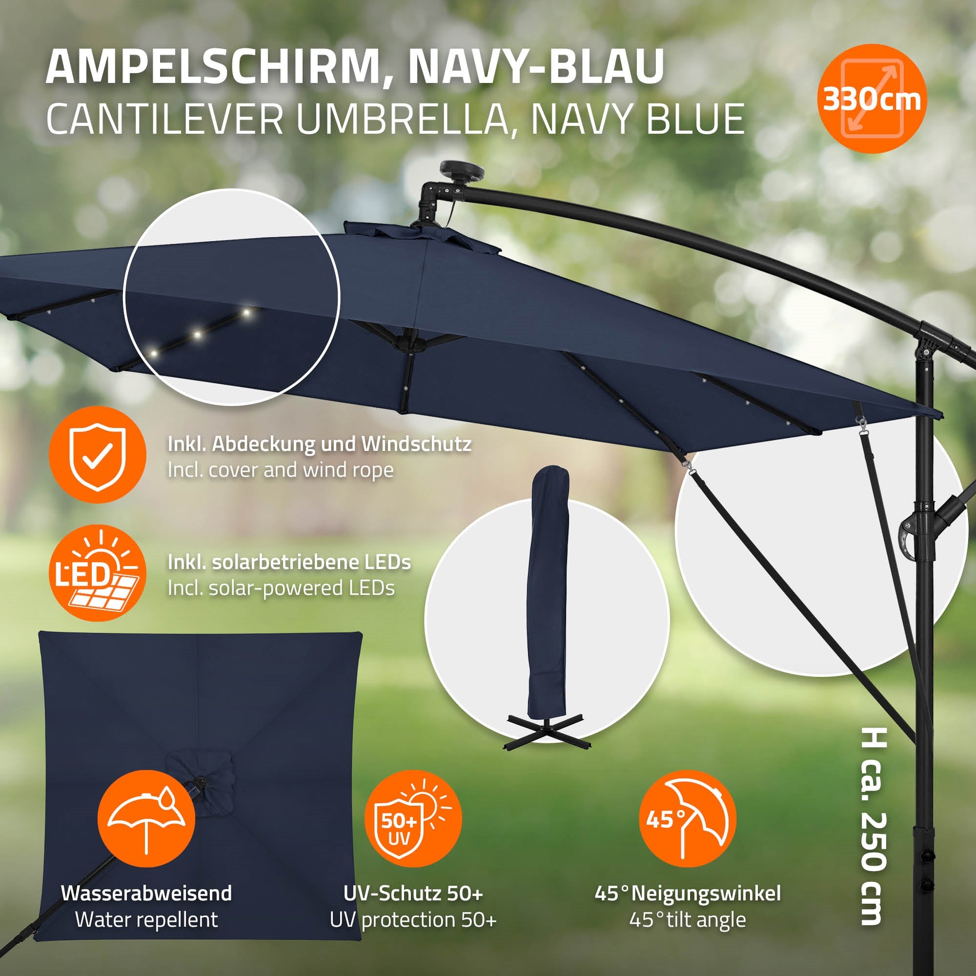 ECD Germany ML-Design Parasol déporté LED solaire 330cm bleu