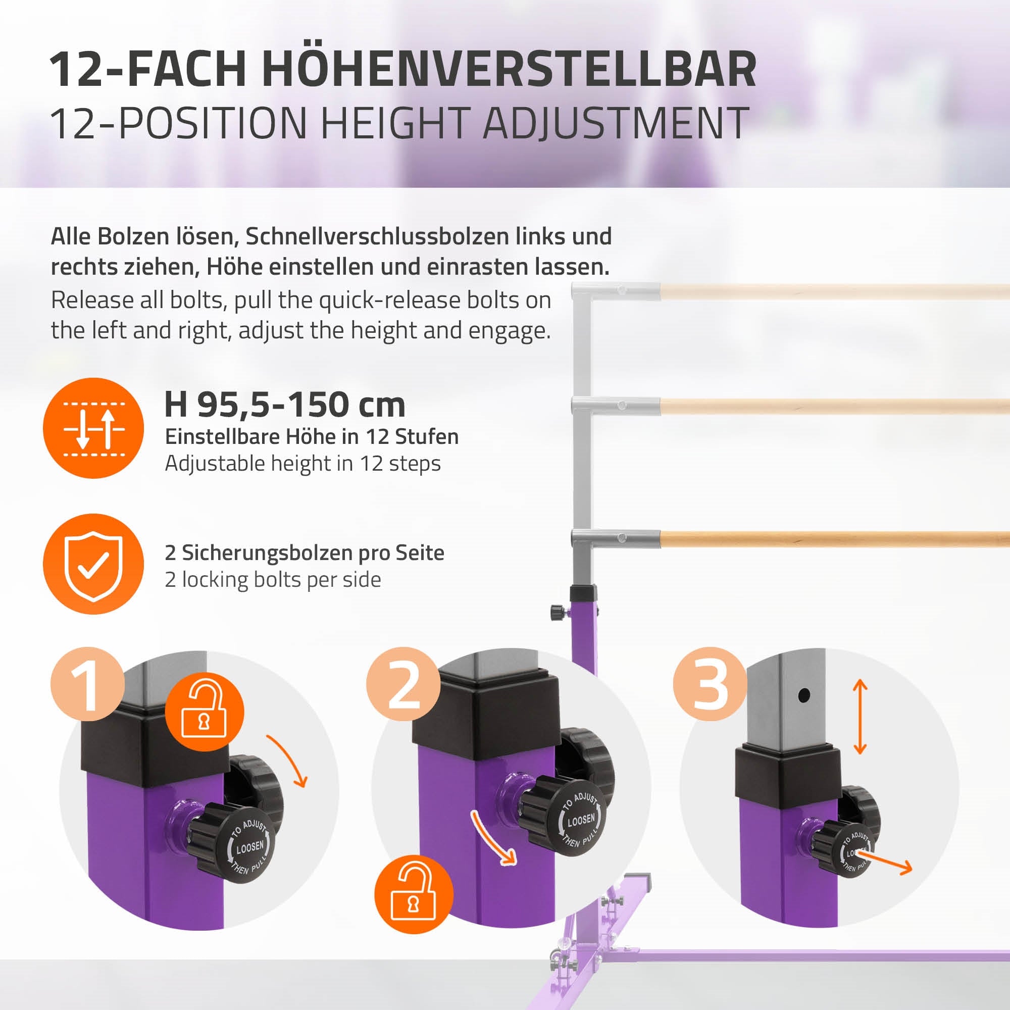 ECD Germany Hauki Barre de Gym Enfant Violet Pliable 150 cm
