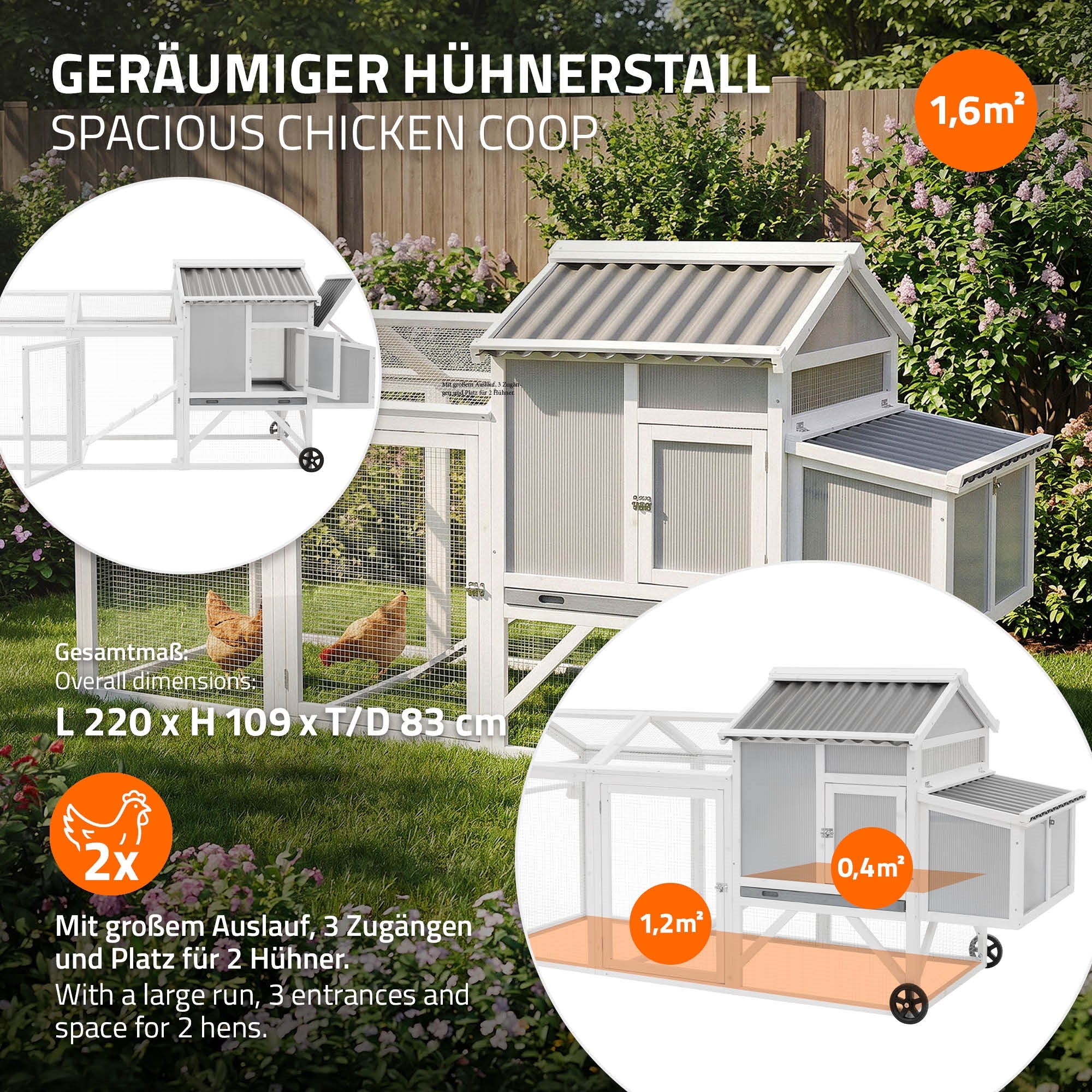 ECD Germany poulailler mobile bois XXL 83x220x109 avec enclos
