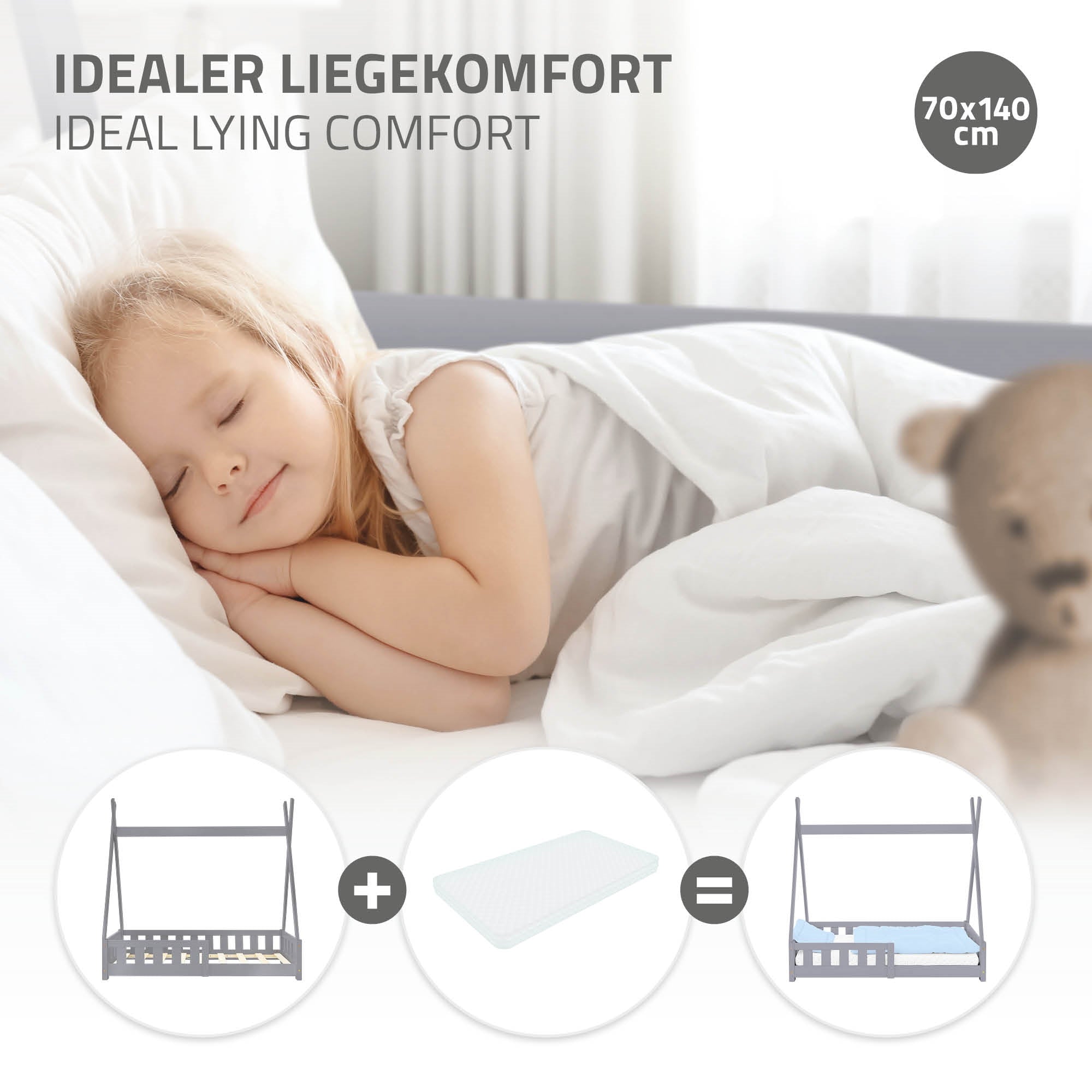 ECD Germany Kinder lit tipi enfant 70x140 gris clair pin