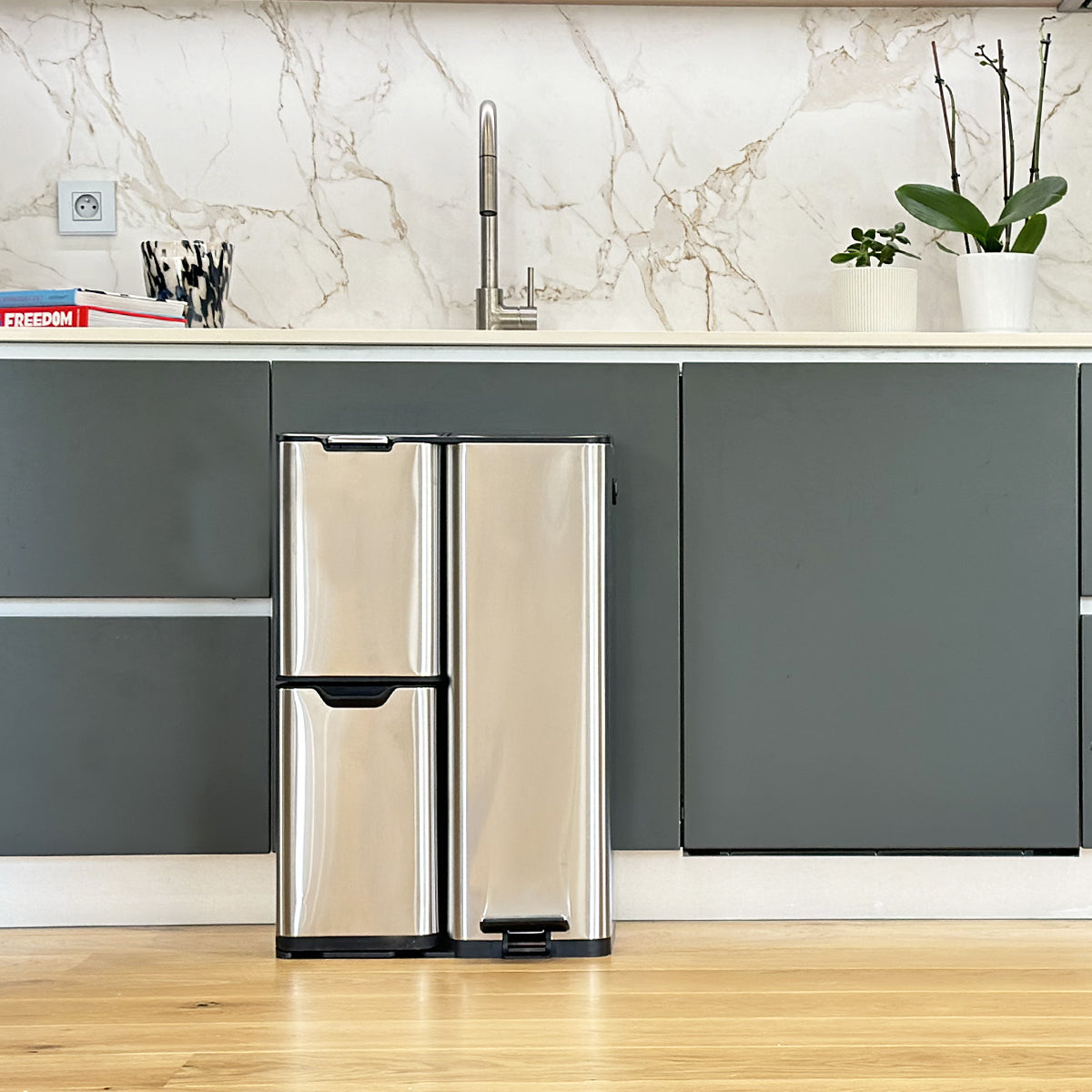 Red Deco Haja 60L poubelle tri 3 bacs inox à pédale