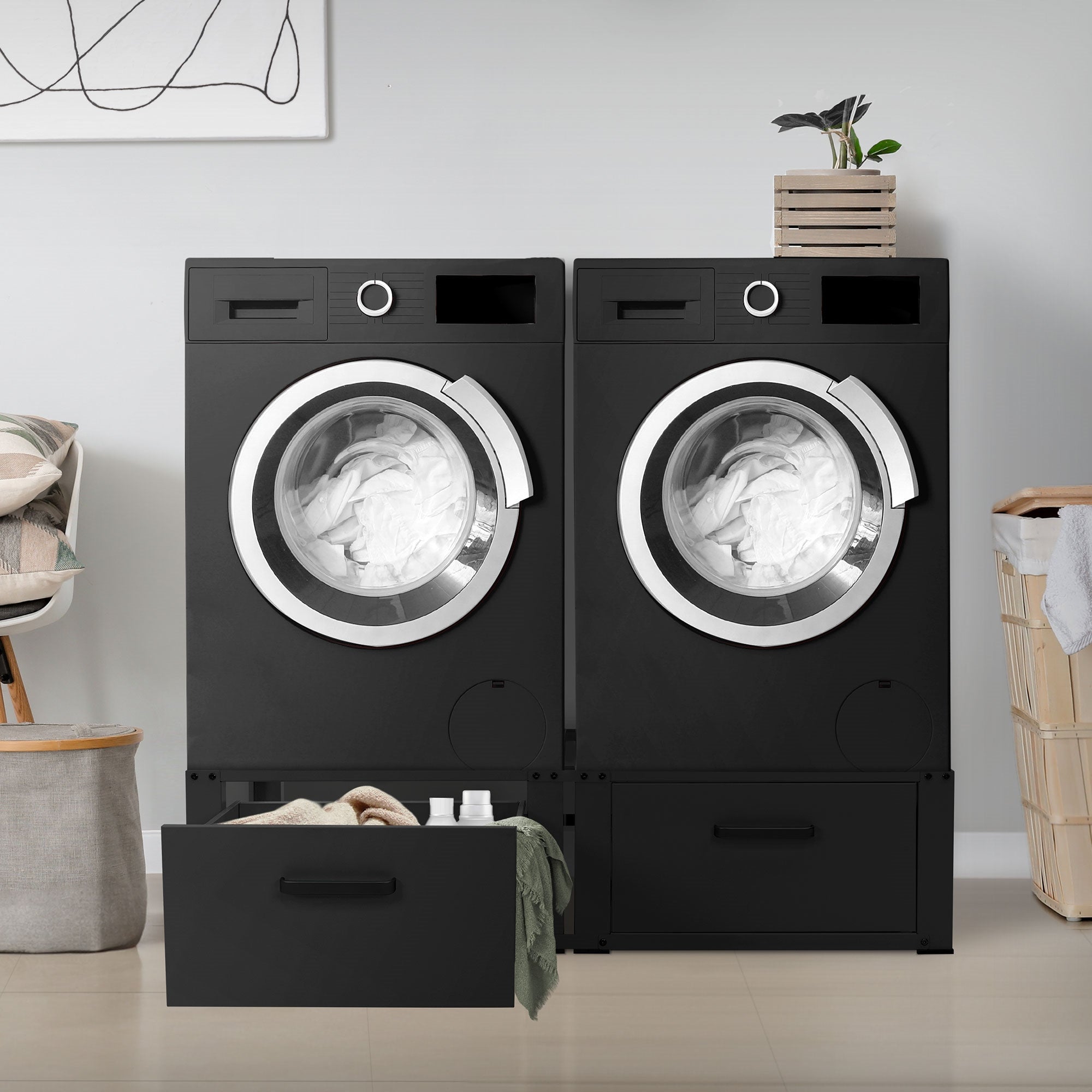 ECD Germany socle machine à laver acier noir avec tiroir lot de 2