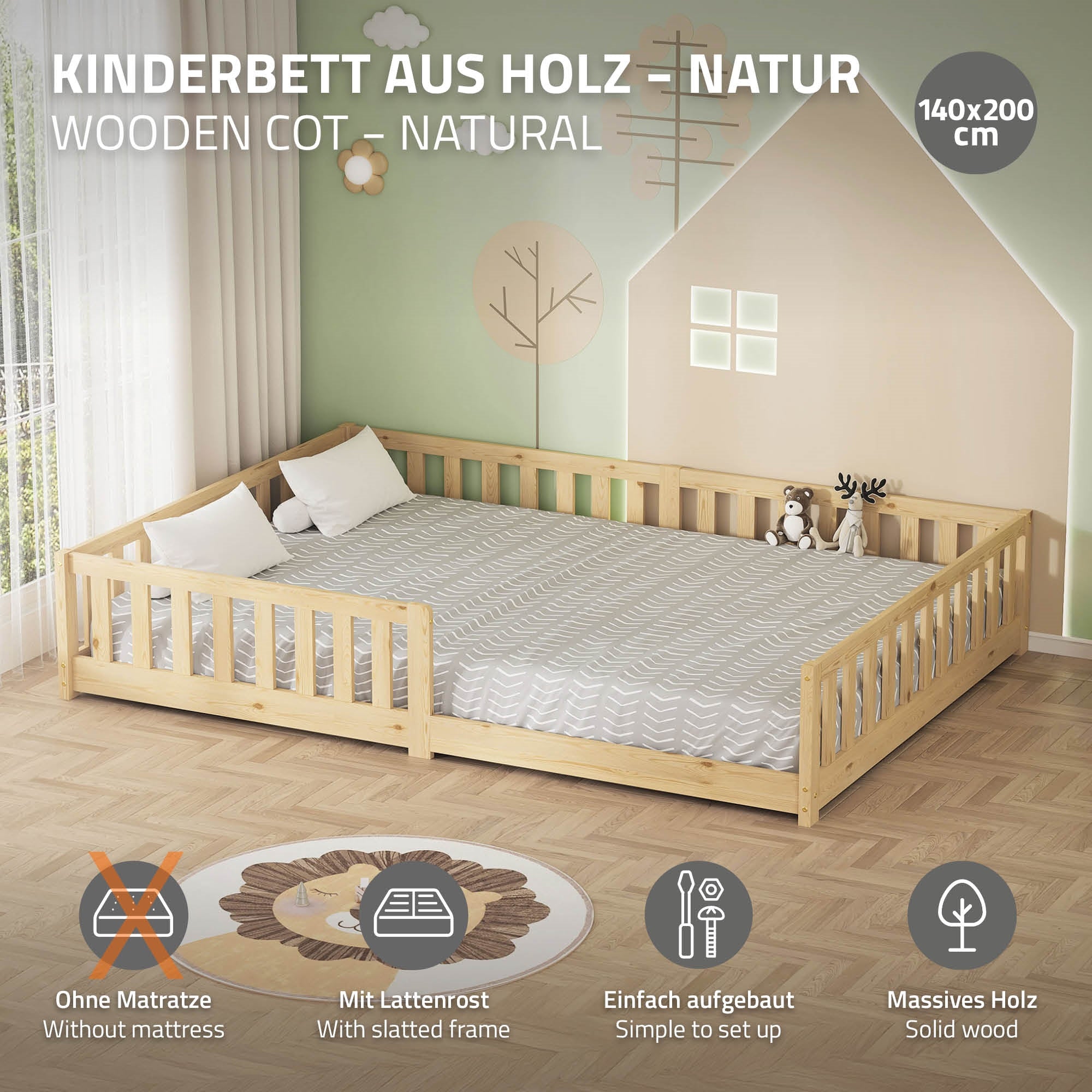 ECD Germany ML-Design lit enfant pin naturel 140x200 cm avec sommier