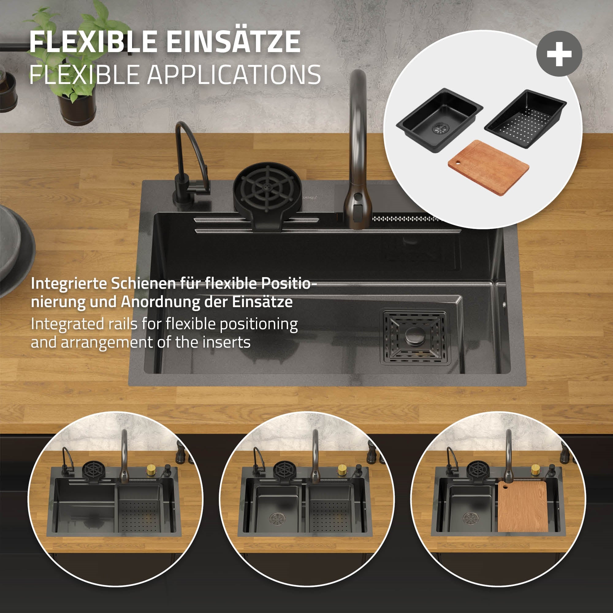 ECD Germany Sanitär évier encastrable inox 68x46 anthracite 8 pièces