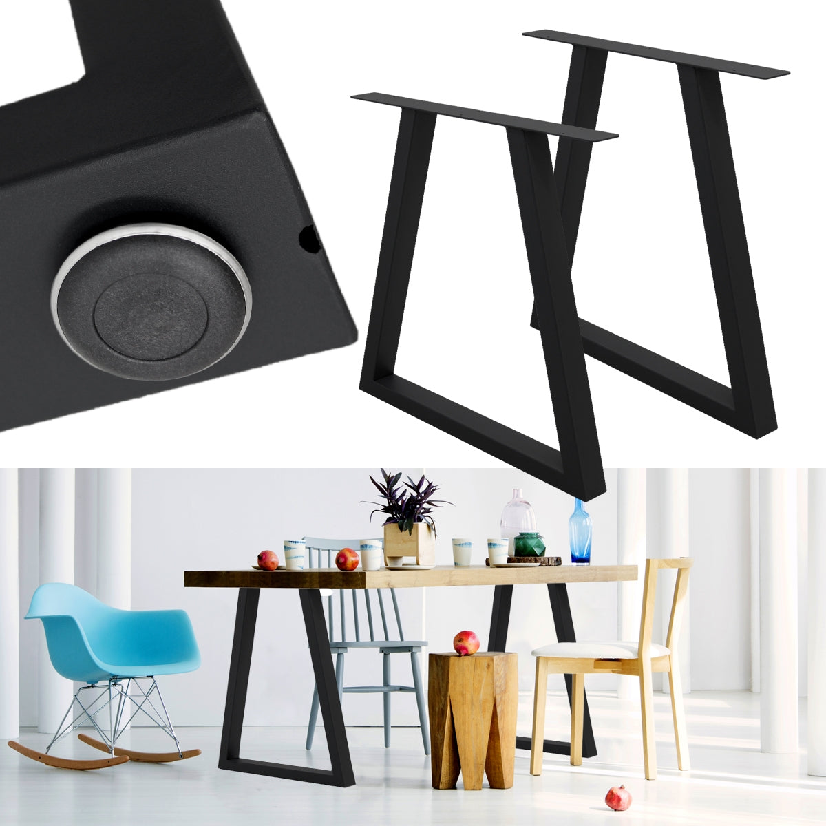ECD Germany pieds de table trapèze acier noir 60x72 cm lot 2