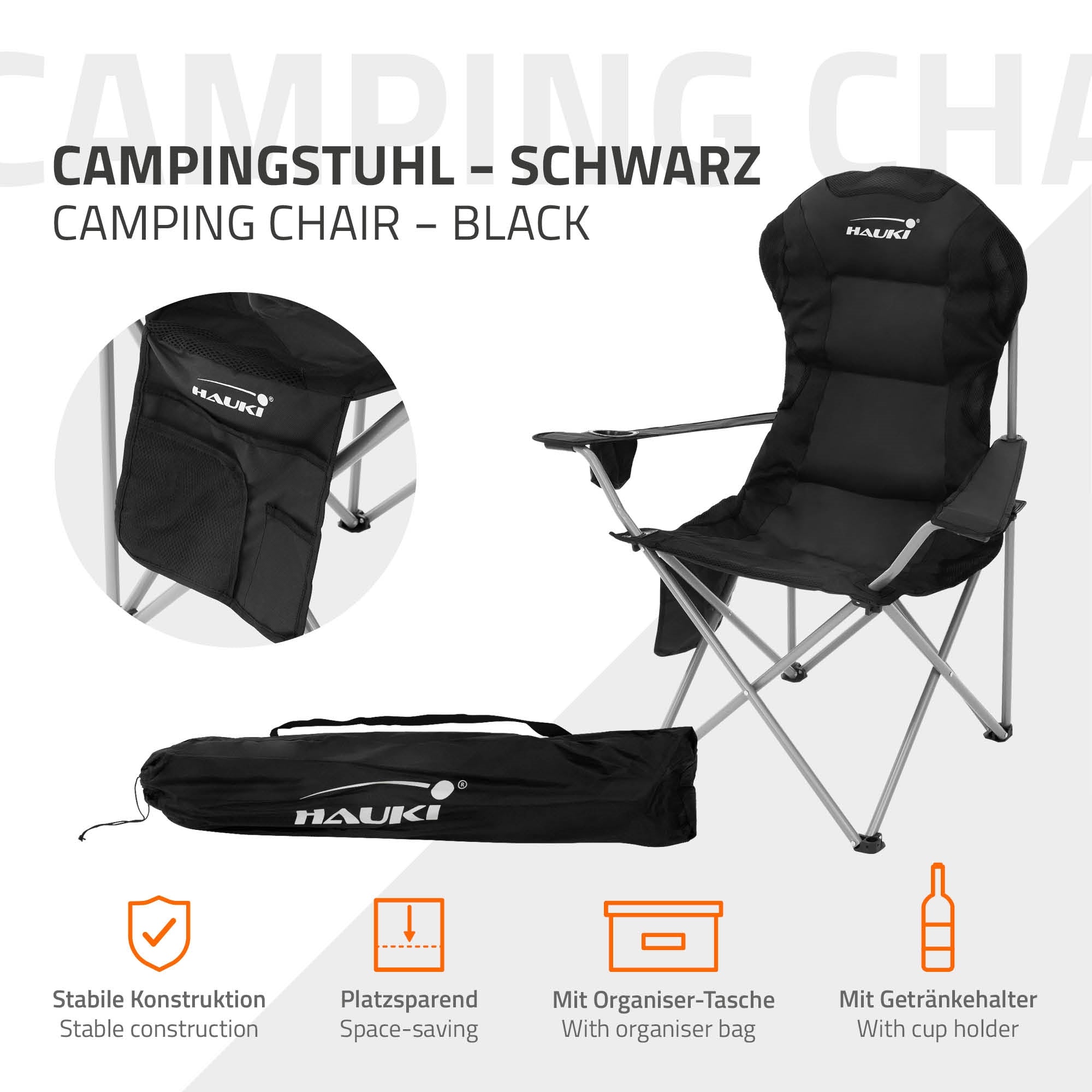 ECD Germany Hauki chaise camping pliante noire 150 kg housse