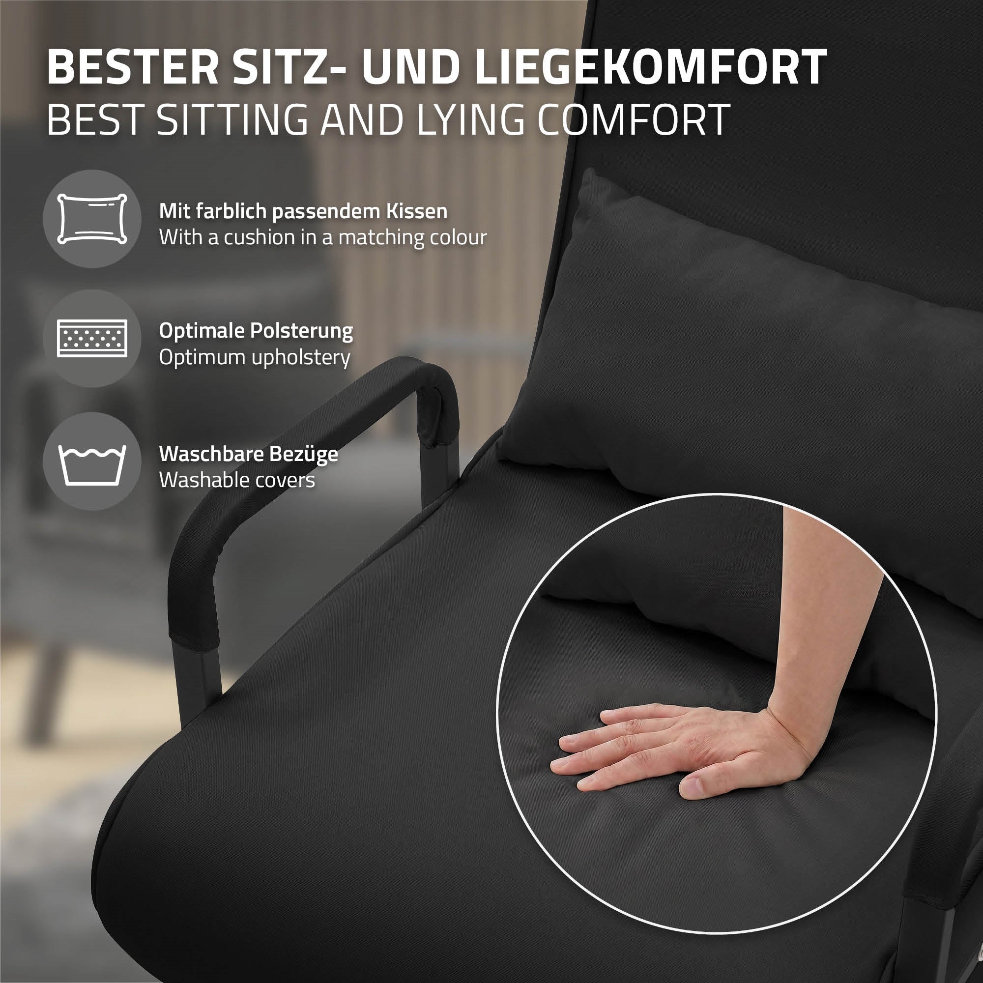 ECD Germany ML-Design fauteuil lit chenille noir 186x60 cm convertible