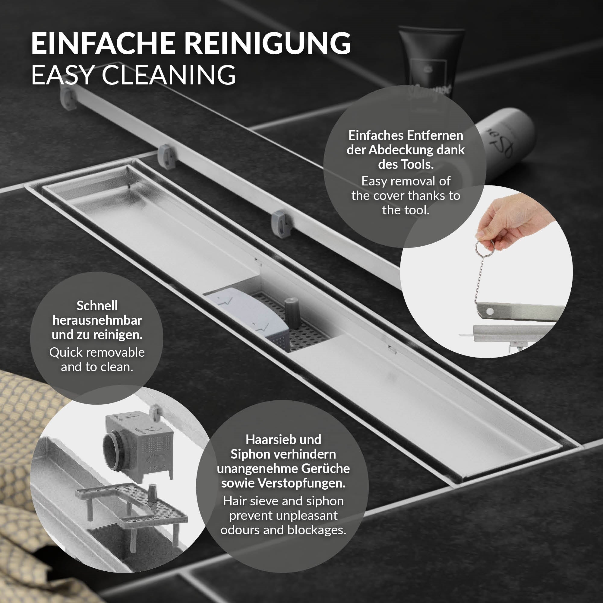 LuxeBath caniveau de douche inox à carreler argent 60 cm + siphon