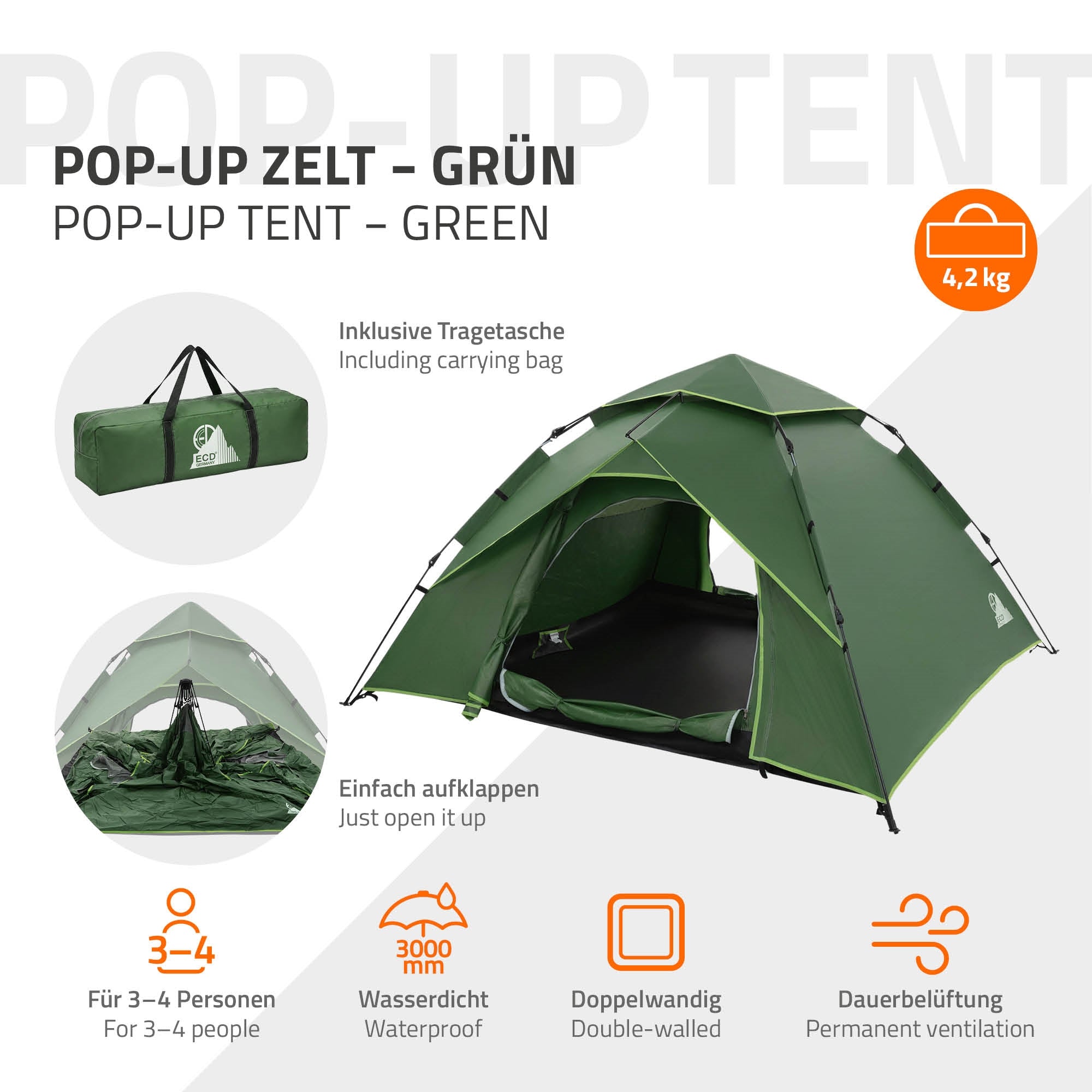 ECD Sport tente pop-up 4 places verte double-toit 2 portes