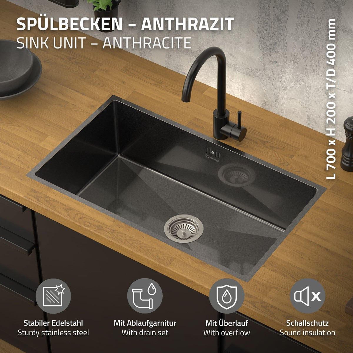 ECD Germany Sanitär évier encastrable 70x40 cm anthracite inox
