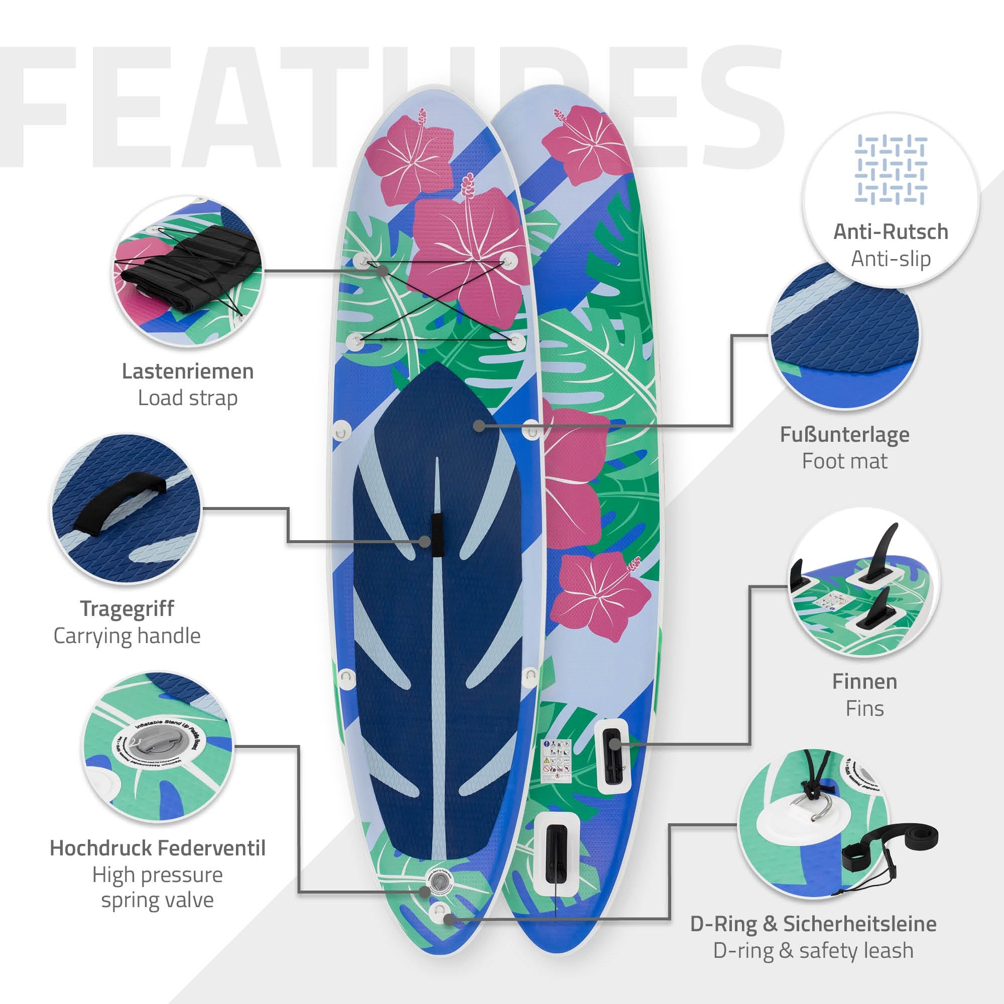 ECD Germany SUP Flowers paddle gonflable bleu 320 cm PVC