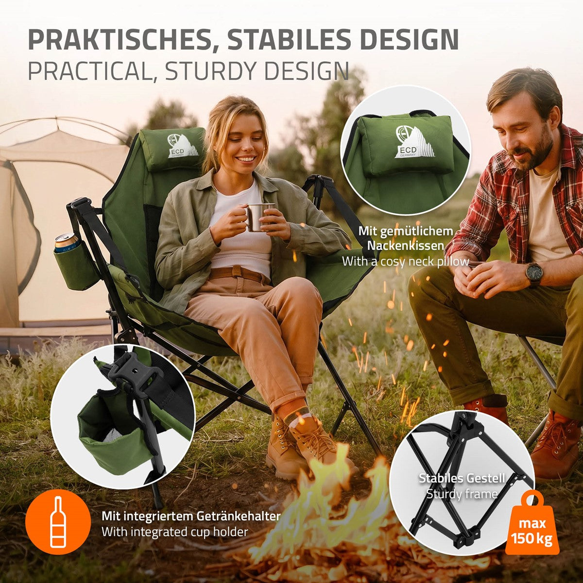 ECD Germany Sport Fauteuil camping pliant kaki acier porte-gobelet