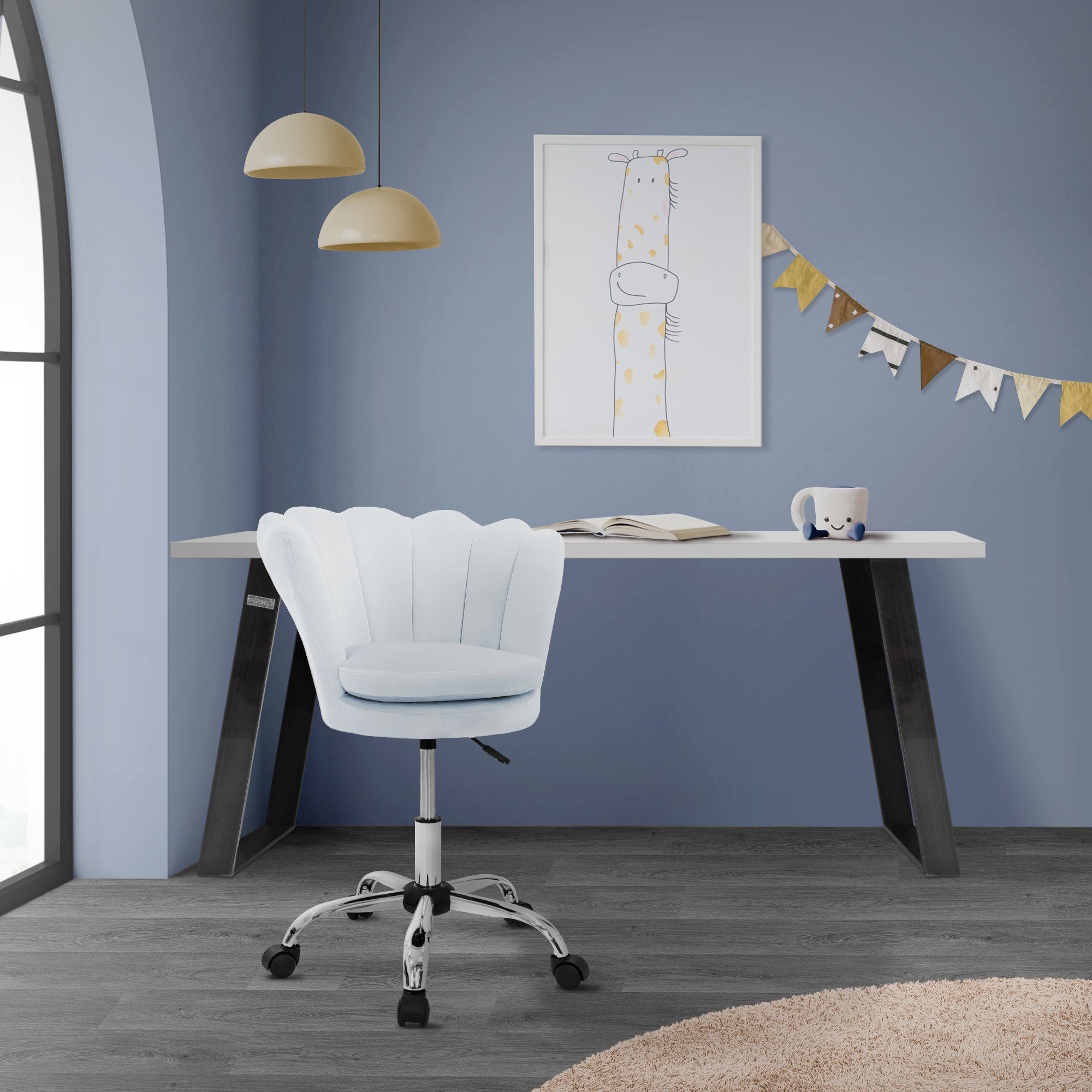 ECD Germany Chaise de bureau à roulettes coquillage 55x60 cm bleu clair