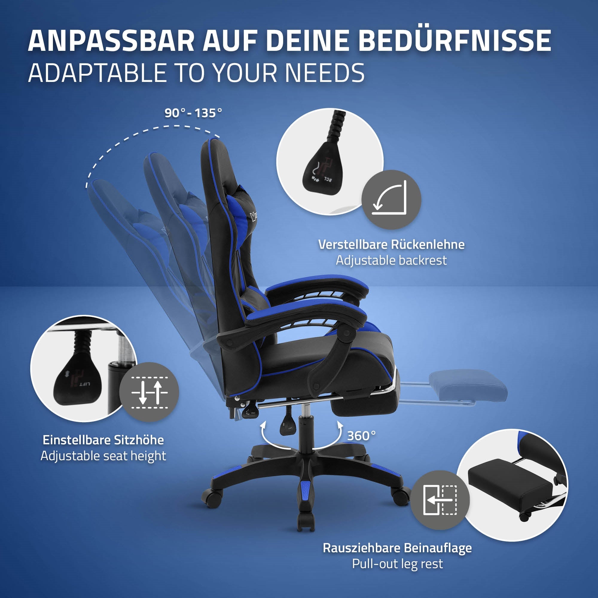 ML-Design chaise gaming simili cuir noir bleu repose-pieds