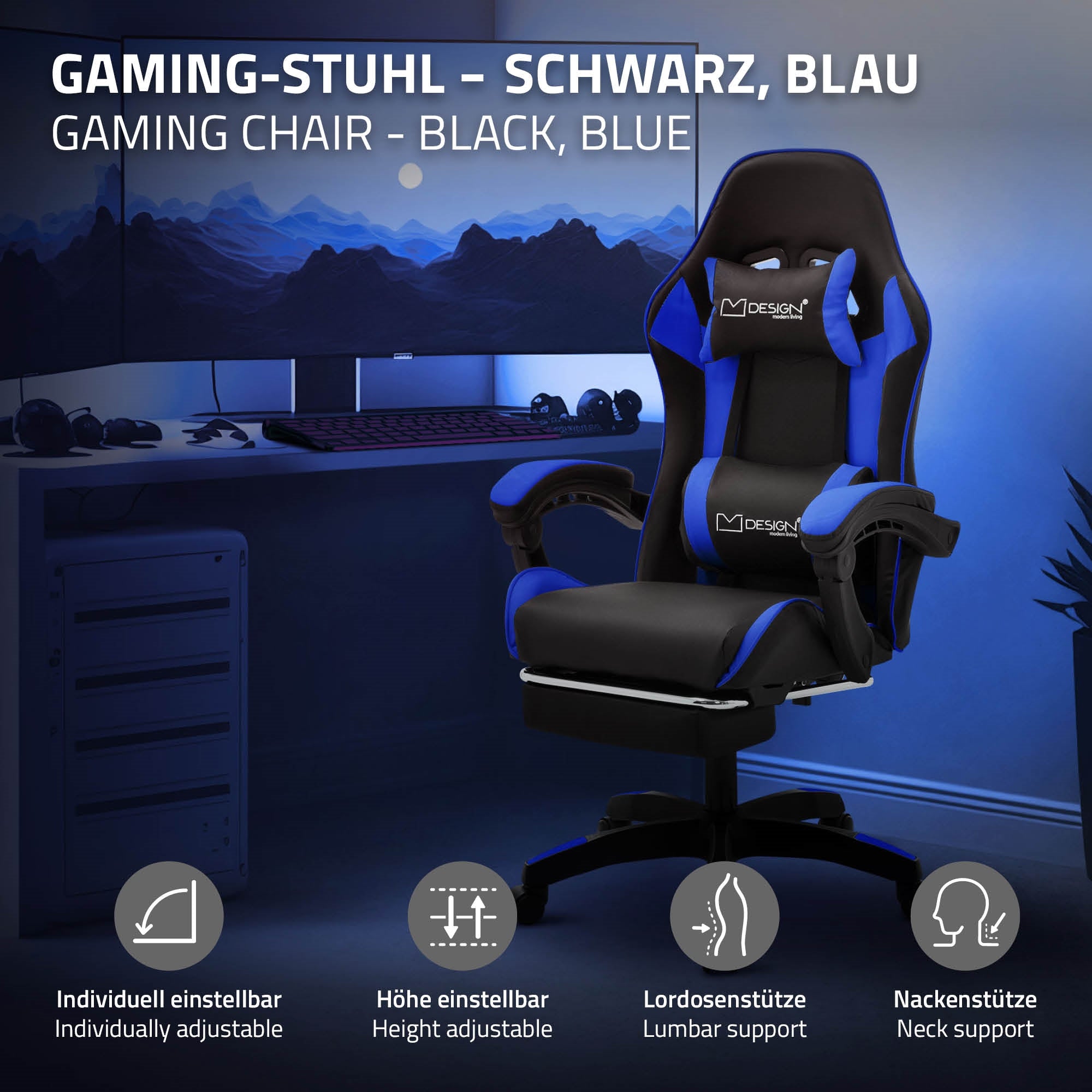 ML-Design chaise gaming simili cuir noir bleu repose-pieds