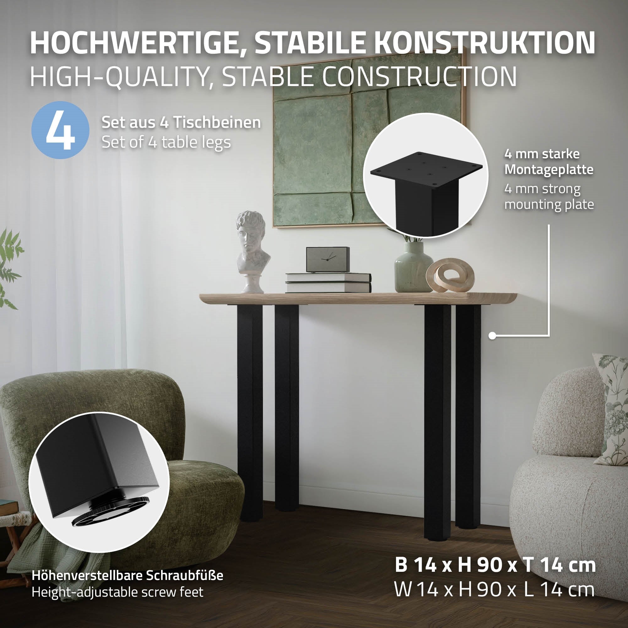 ECD Germany Möbel lot 4 pieds de table 90 cm noir brillant