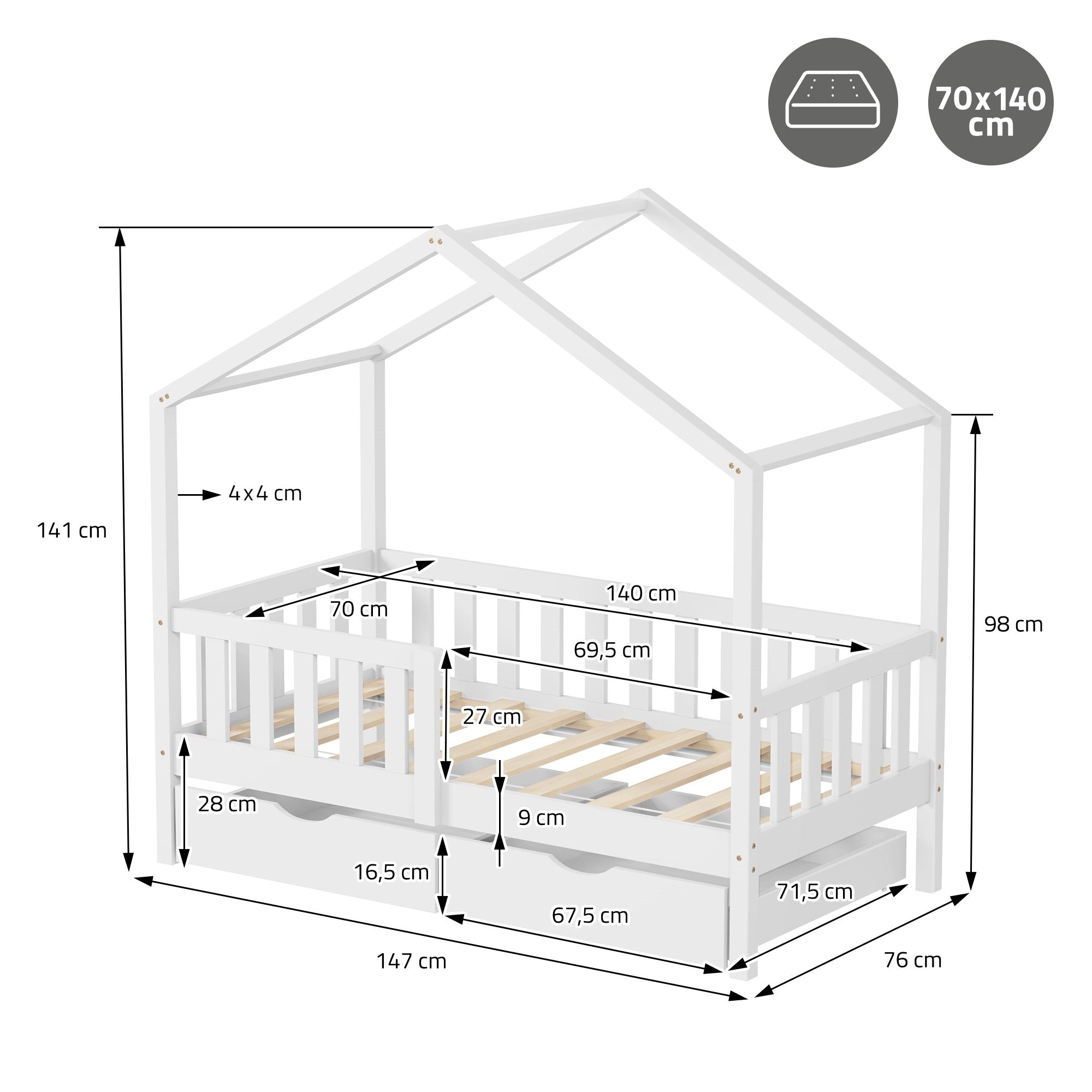 ECD Germany Kinder Lit cabane 70x140 blanc pin 2 tiroirs sans matelas