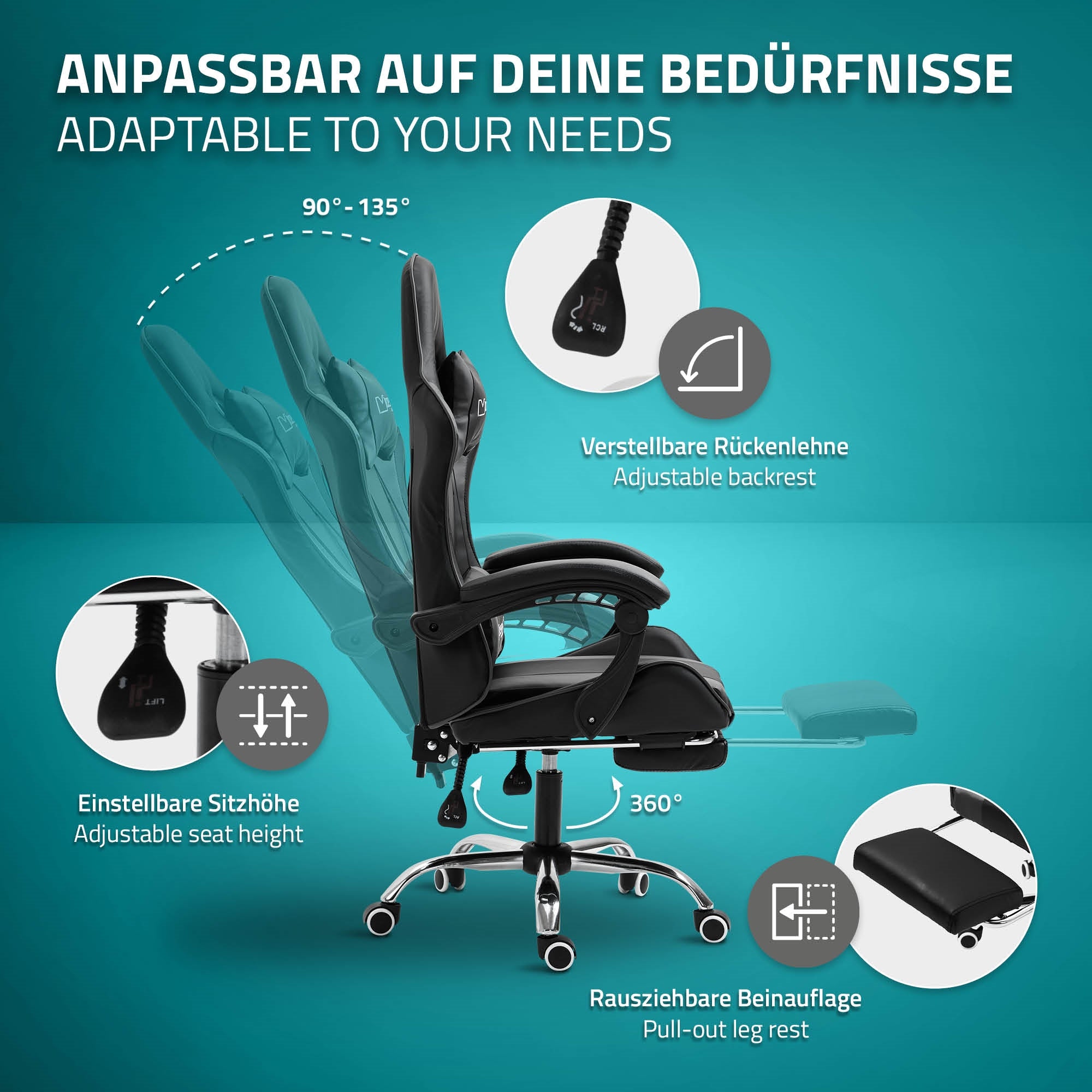 ECD Germany ML-Design chaise gaming massage noir/gris PU