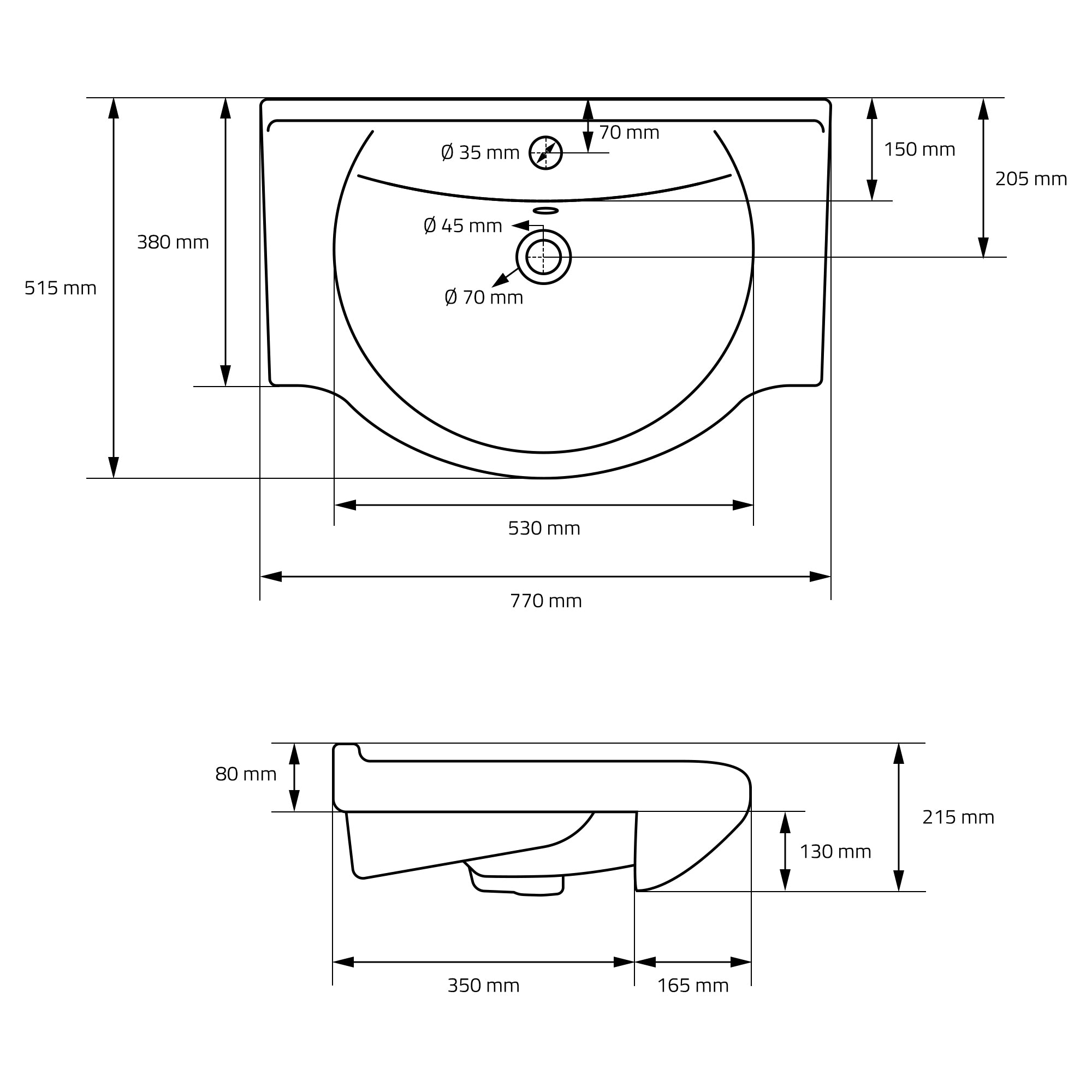 ECD Germany ML-Design lavabo céramique blanc 77 cm + bonde argent