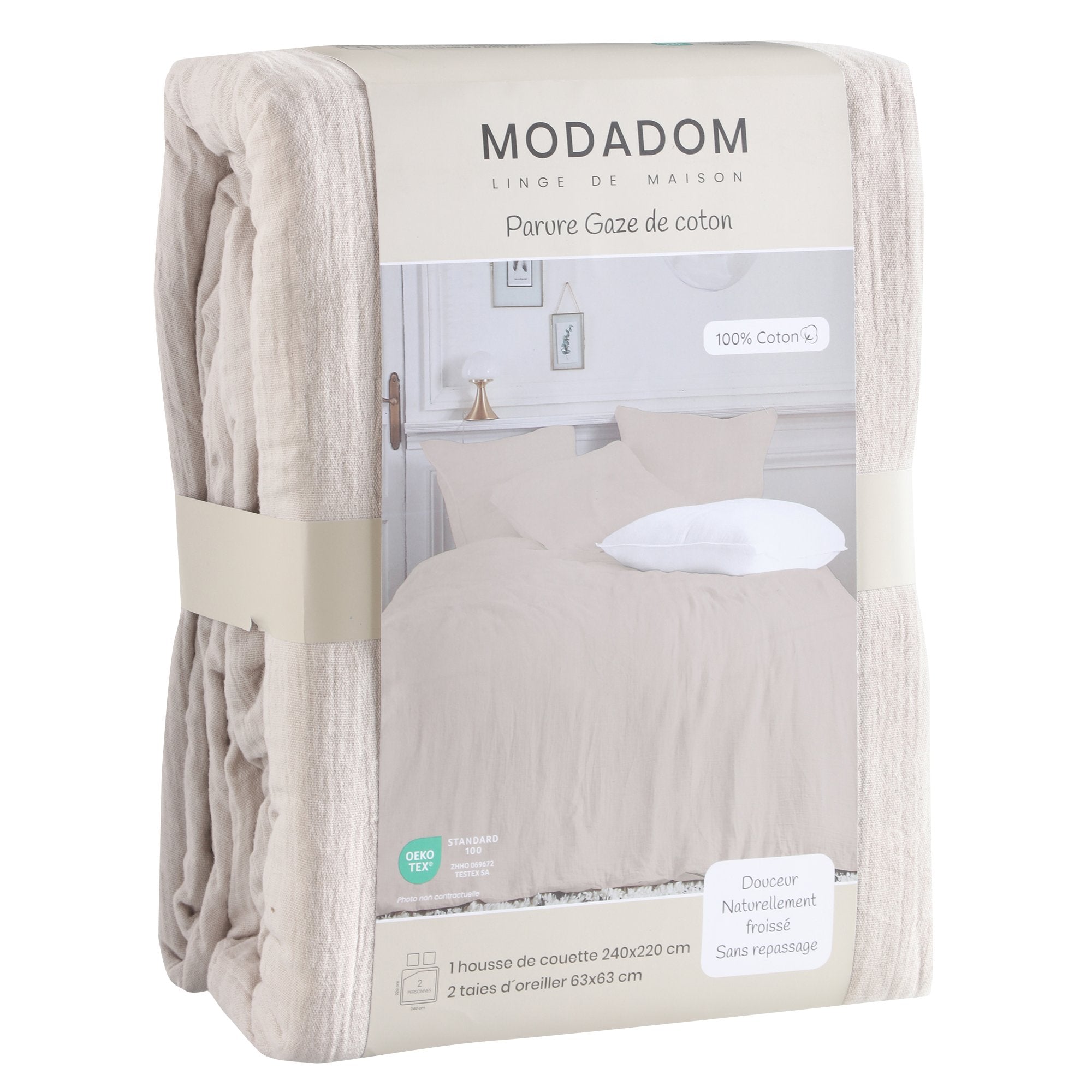 Housse de couette gaze de coton taupe 2 taies