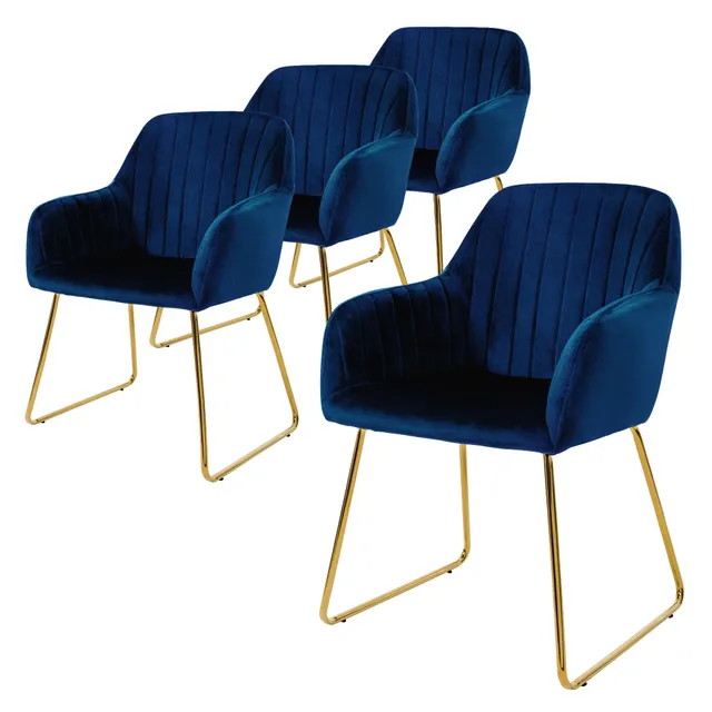 ECD Germany chaise salle à manger bleu velours lot 4 pieds dorés