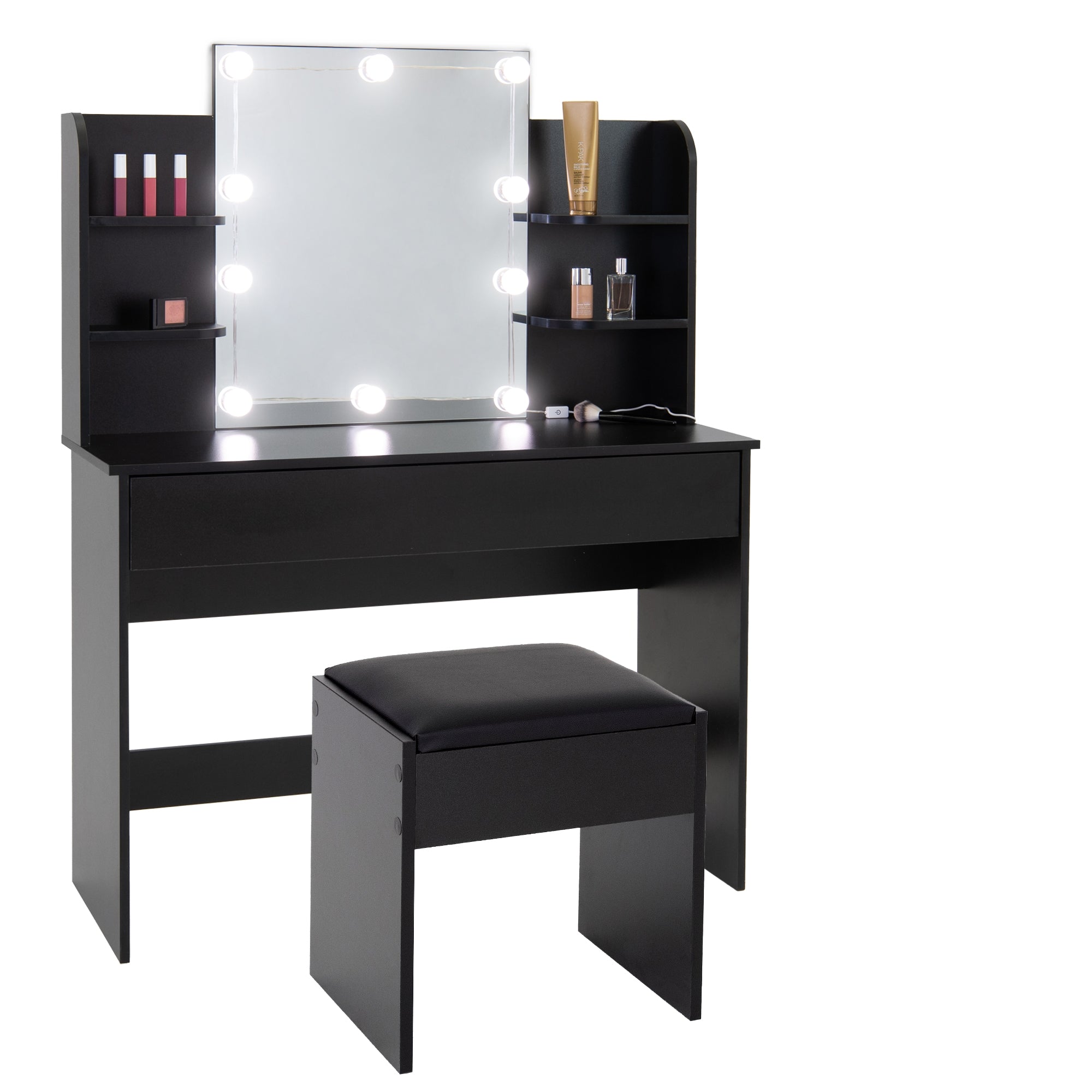 ECD Germany Meubles coiffeuse noire 108cm miroir LED + tabouret