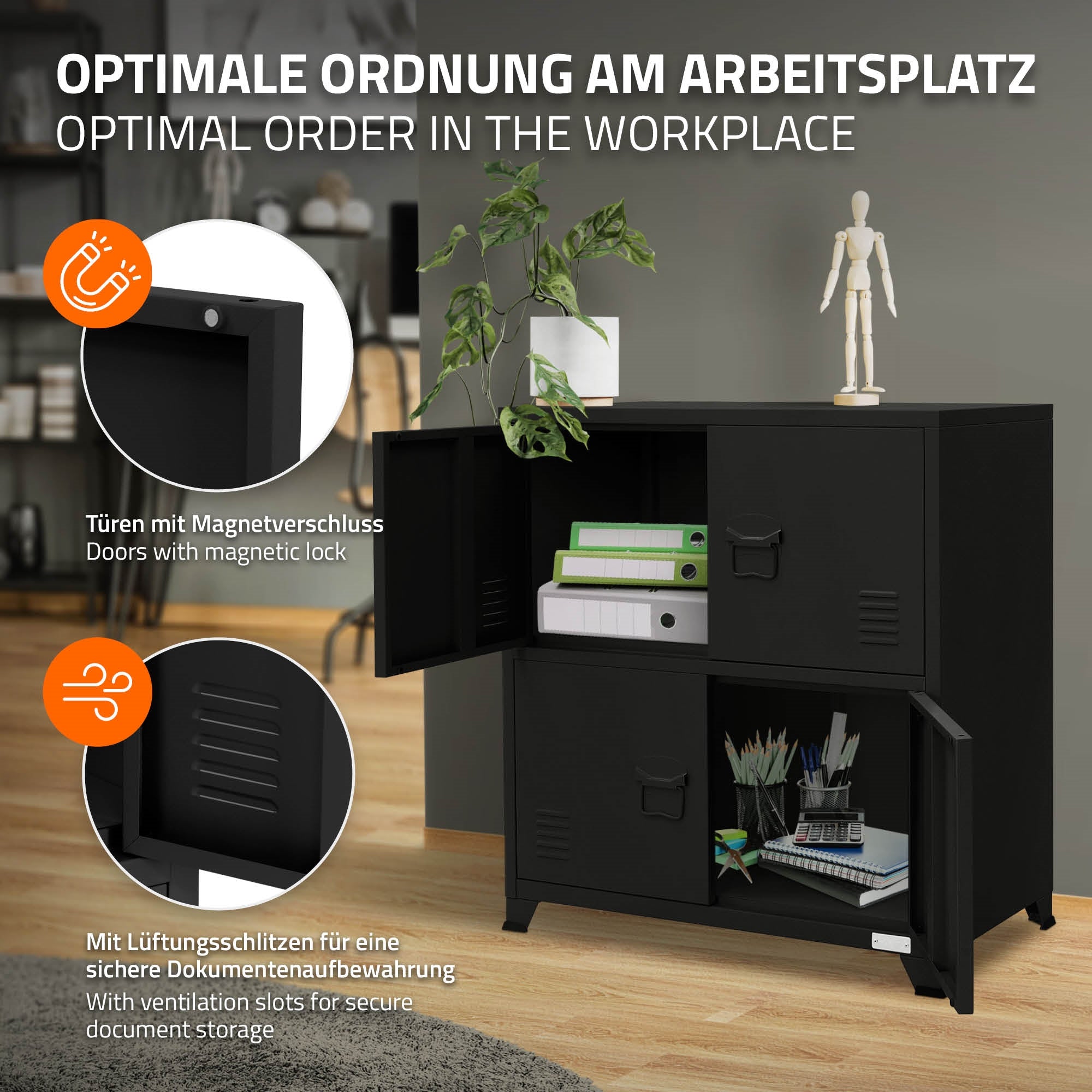 ECD Germany Werkstatt Armoire bureau acier noir 75x40x80,5 cm