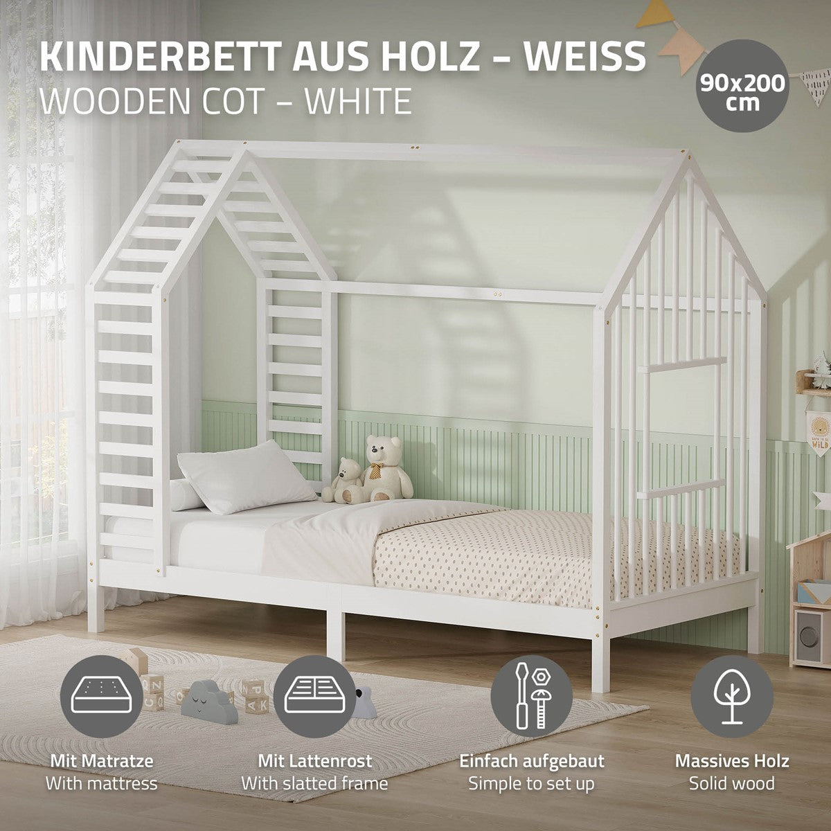 ECD Germany Kinder lit cabane 90x200 blanc avec matelas pin