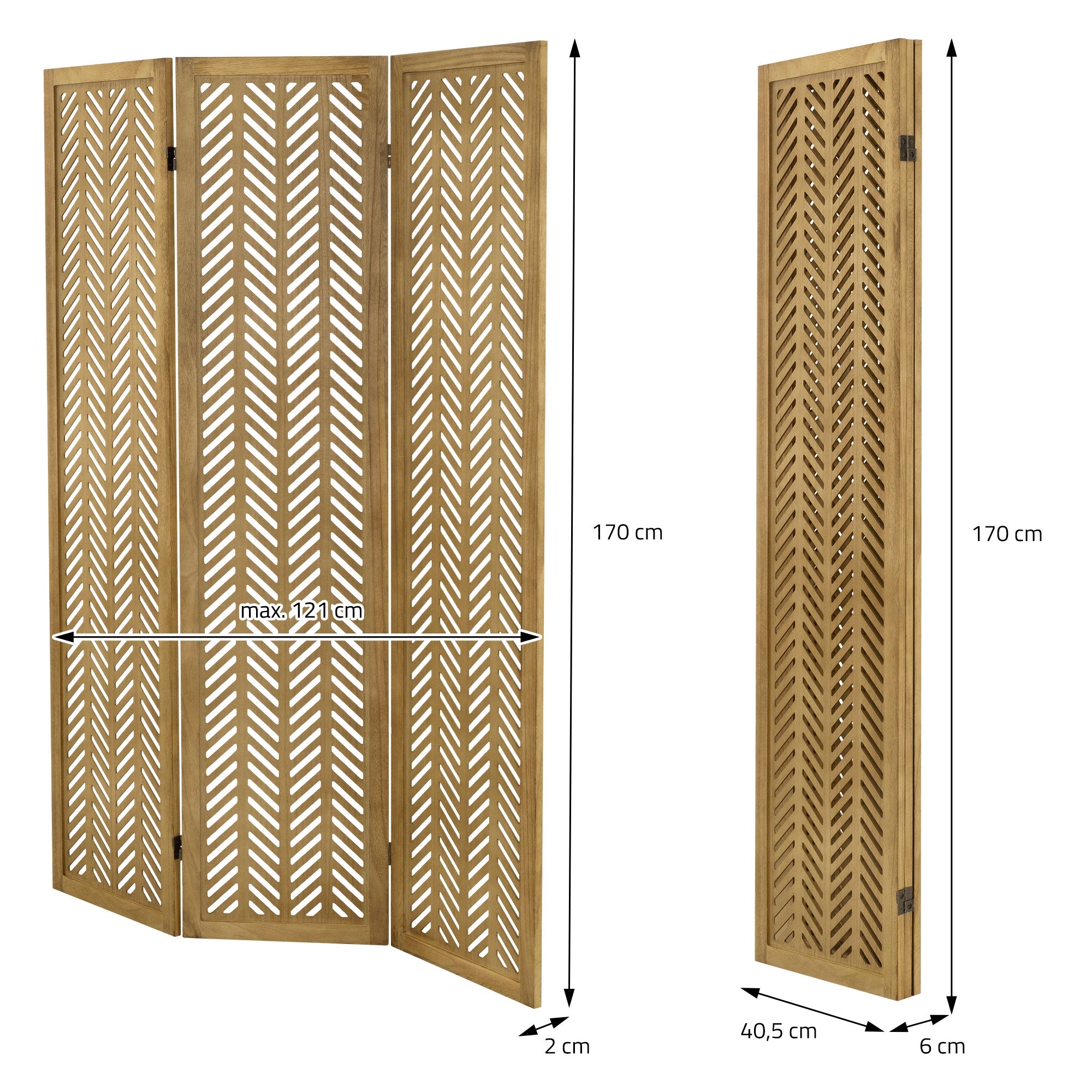 ECD Germany Kobe paravent bois 3 panneaux marron 170x121 cm