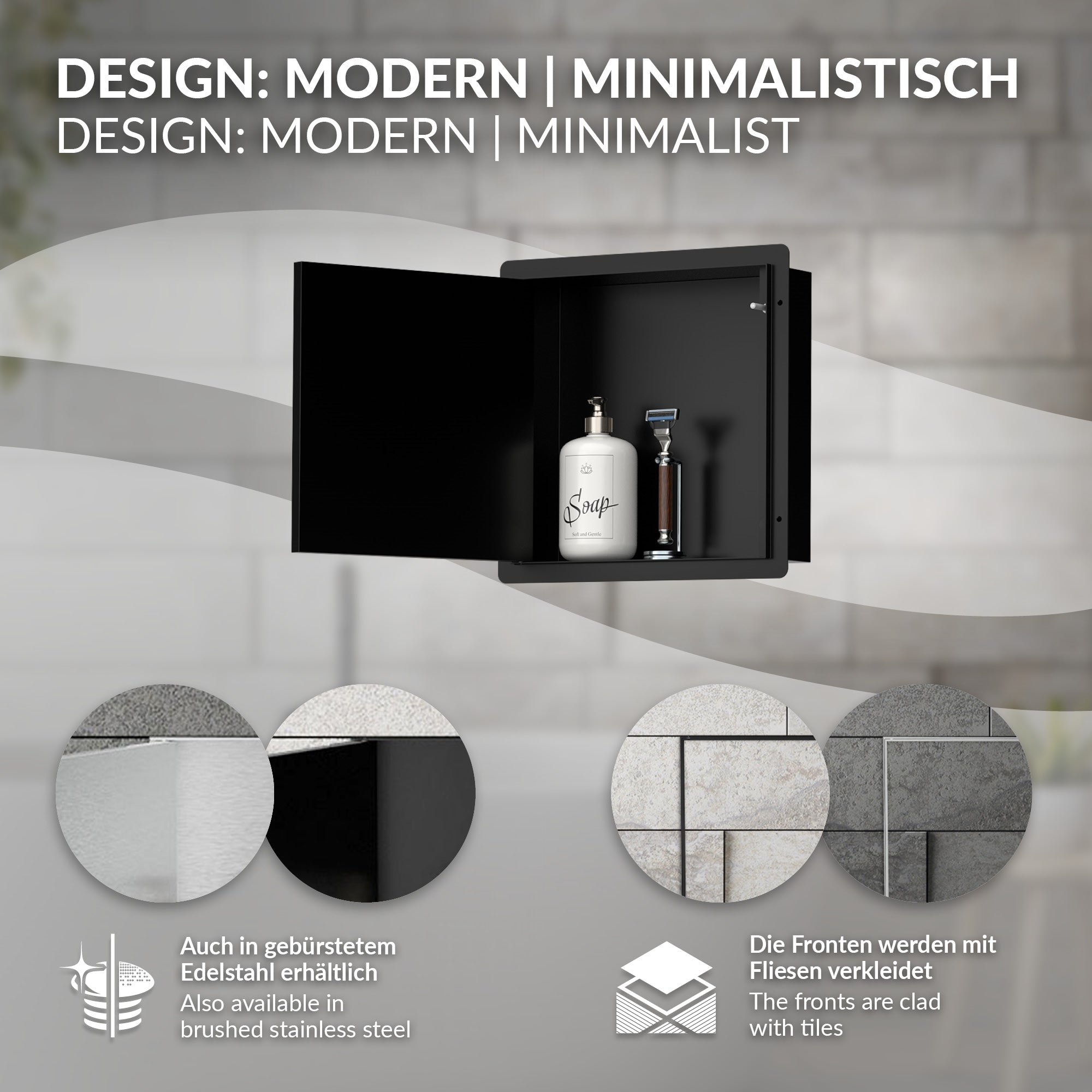 ECD Germany Sanitär niche de douche noire inox porte carrelable
