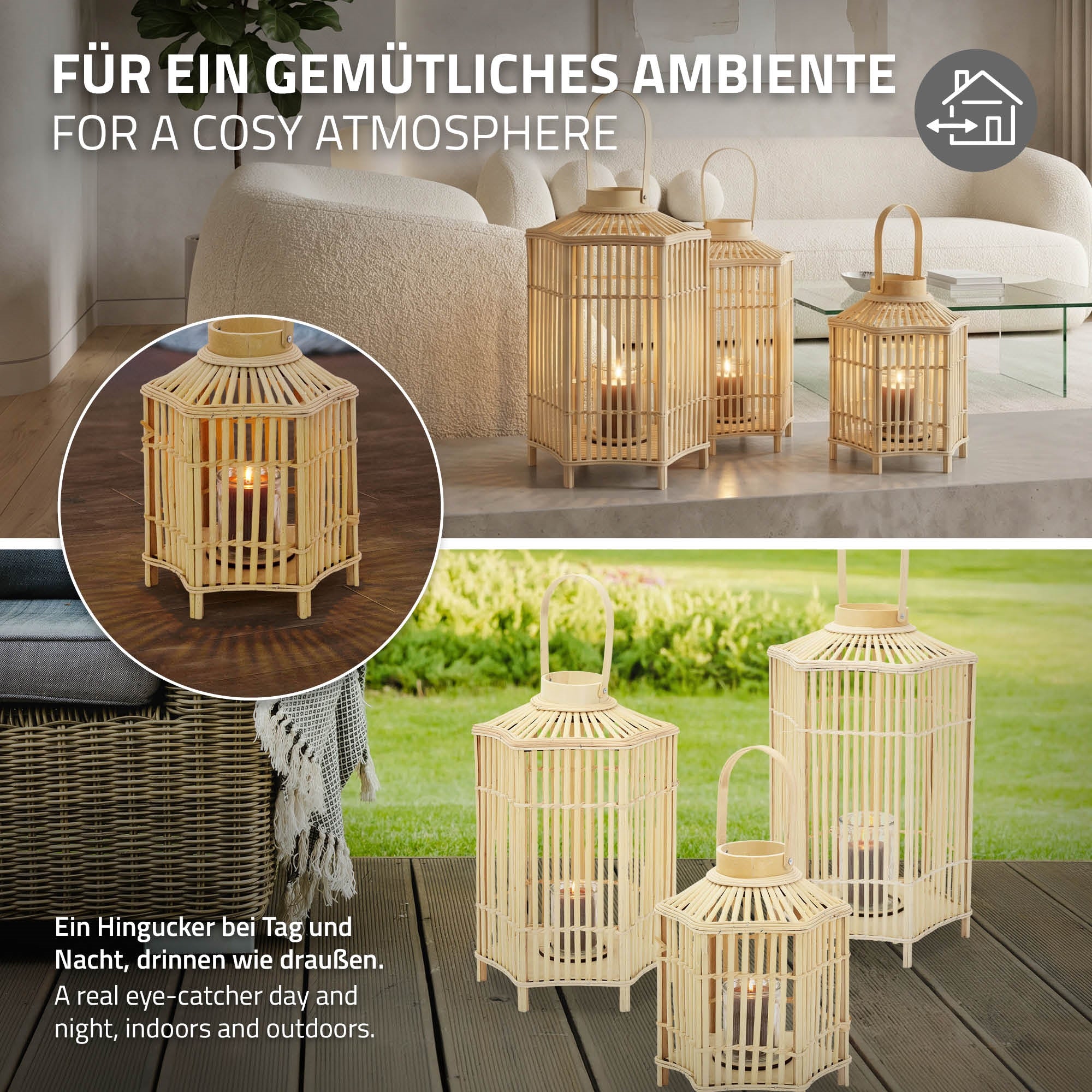 ECD Germany Garten Lanterne Bambou 45 cm avec Verre