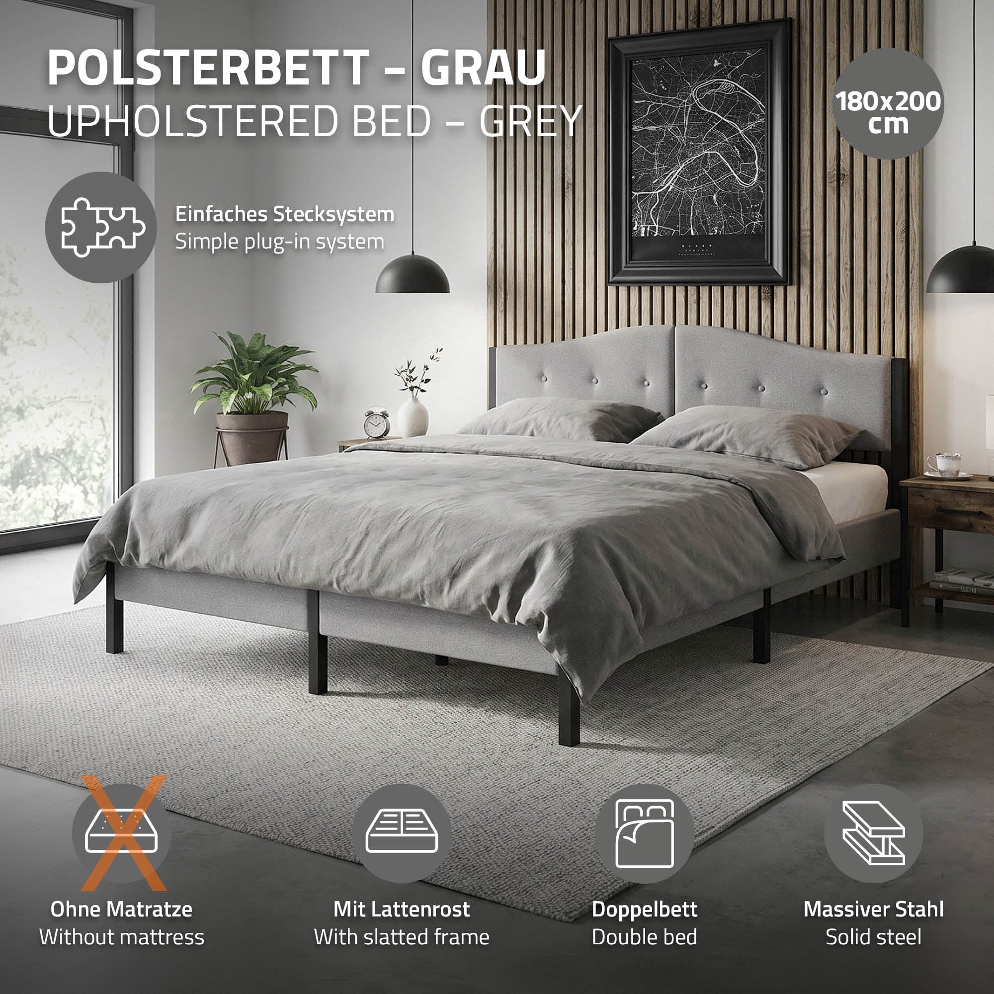 ECD Germany ML-Design lit capitonné gris 180x200 sans matelas