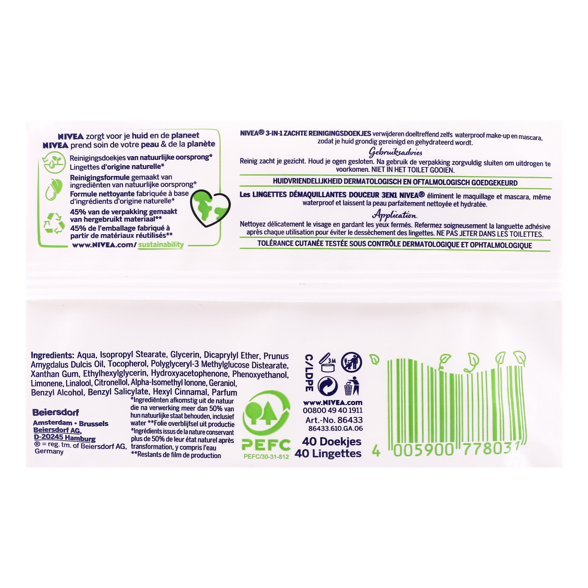 40 lingettes démaquillantes 3 en 1 visage