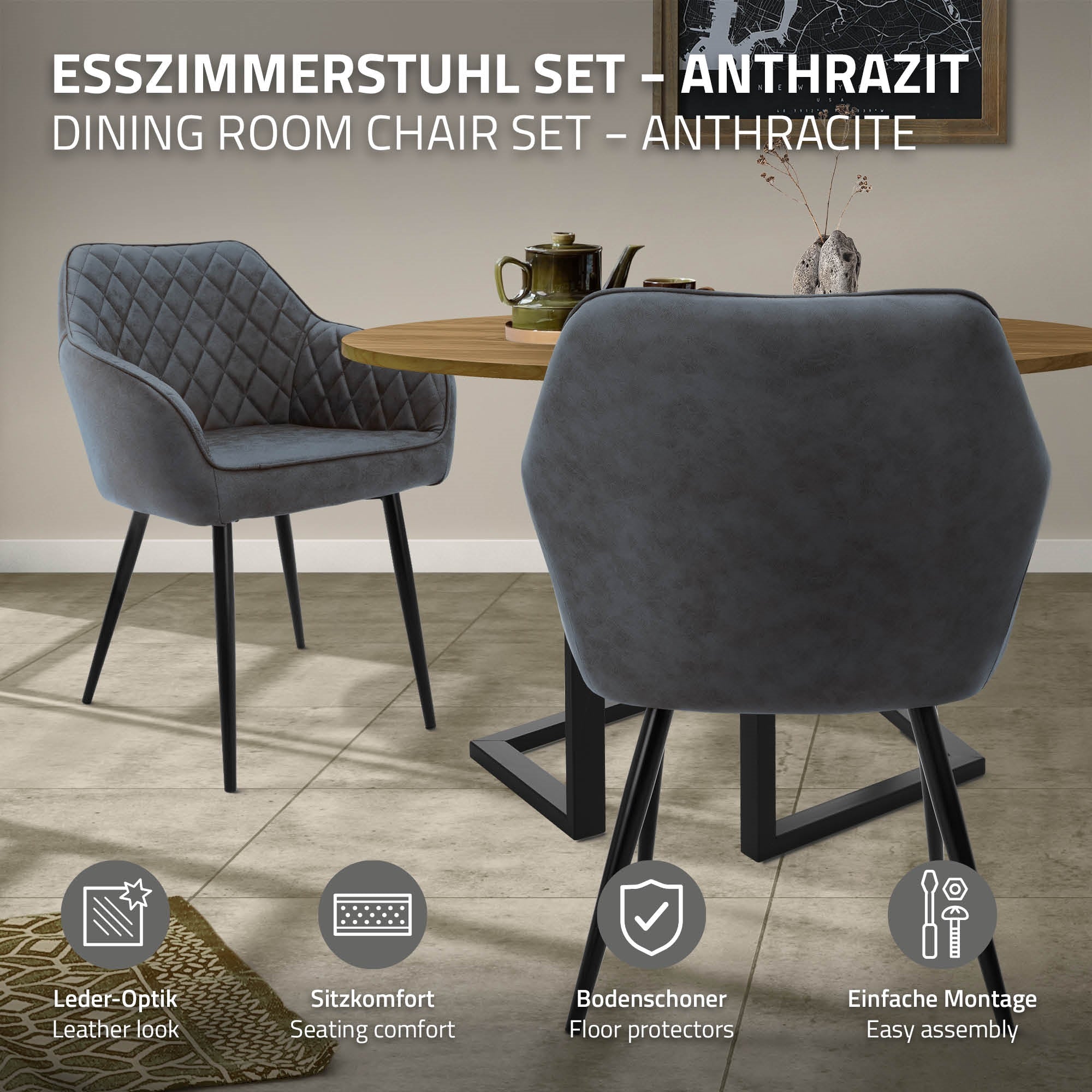ECD Germany Möbel chaise cuisine anthracite simili lot 4 capitonnée