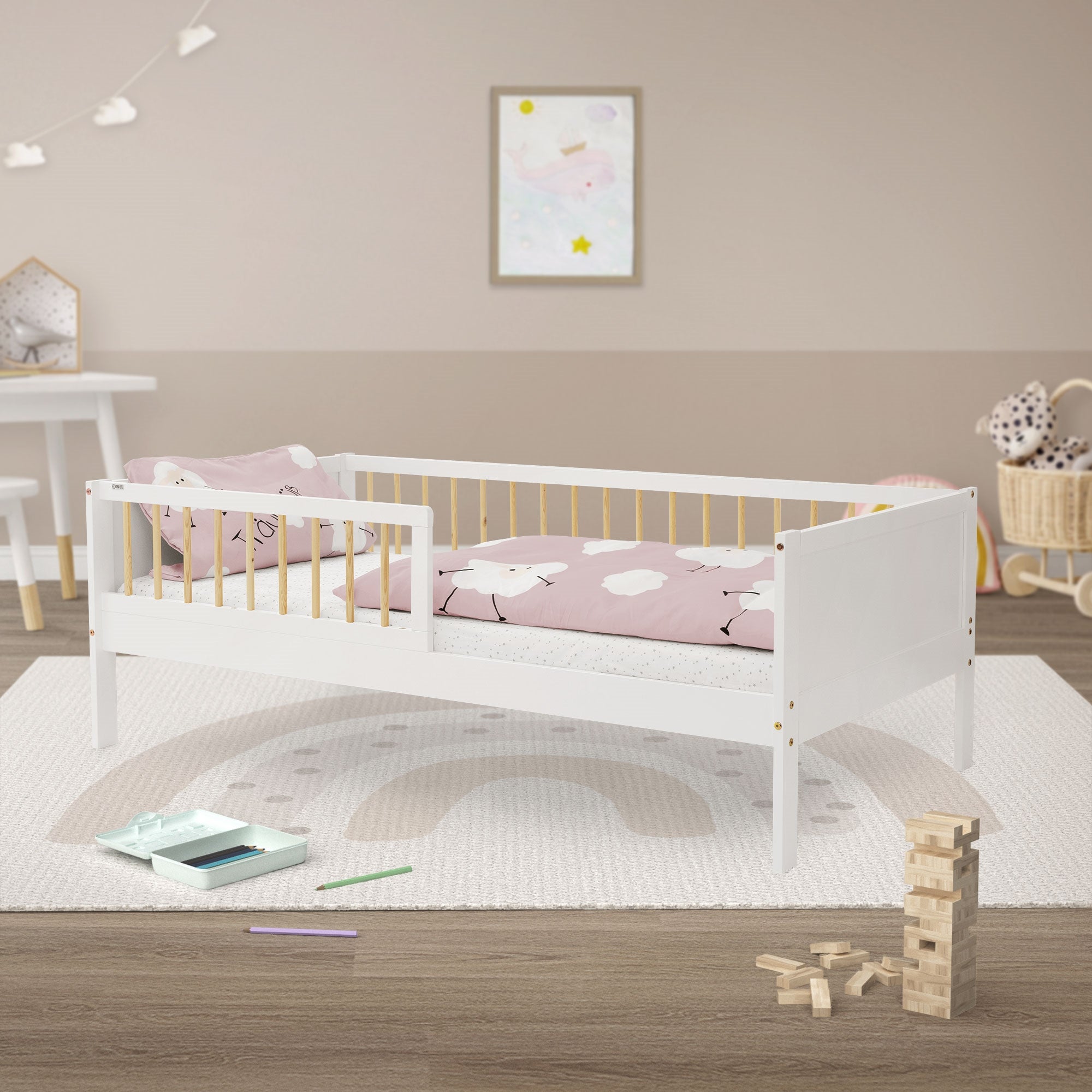 ECD Germany Kinder lit enfant 80x160 pin blanc sommier barrière