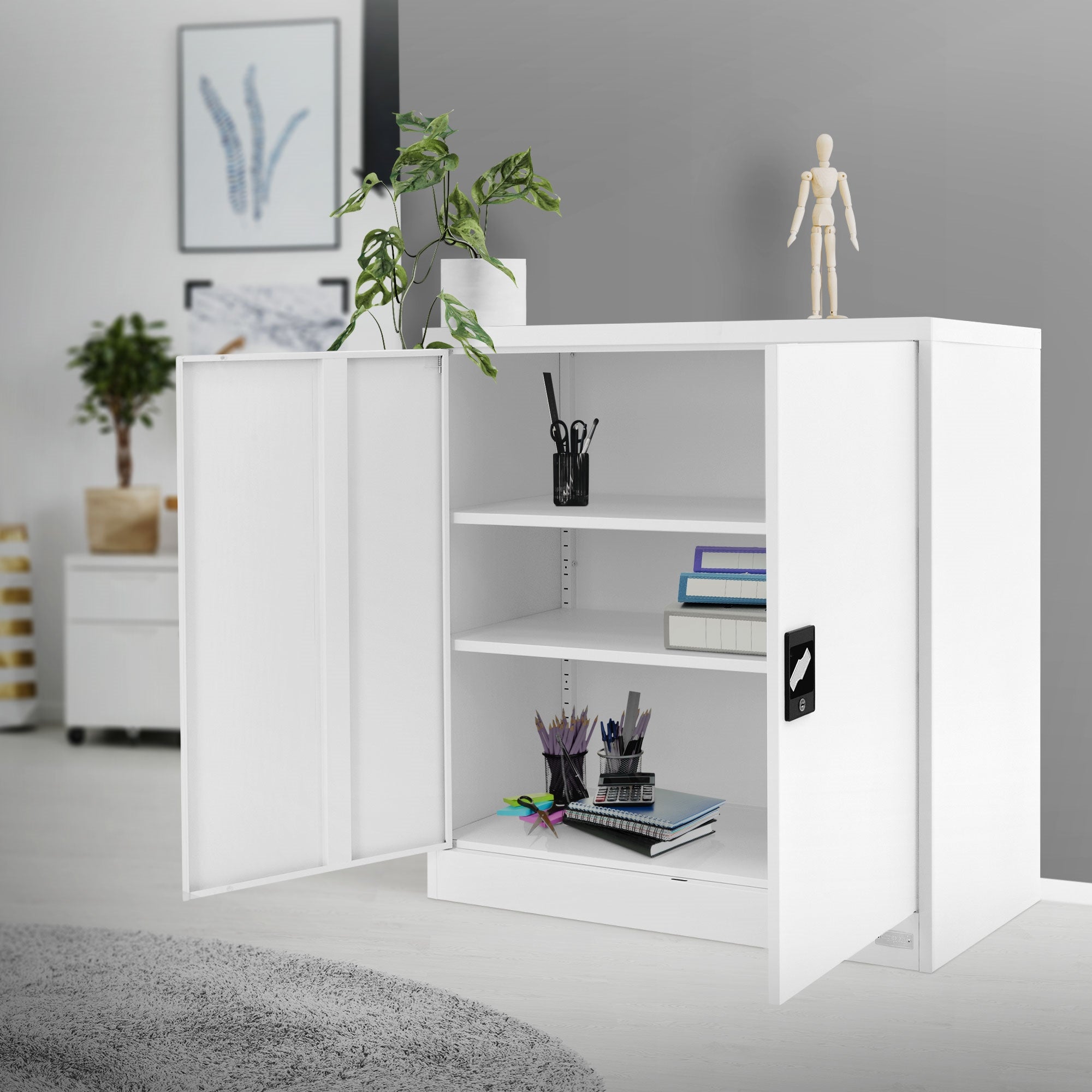 ECD Germany Armoire de bureau acier blanc verrouillable 90x40x90 cm