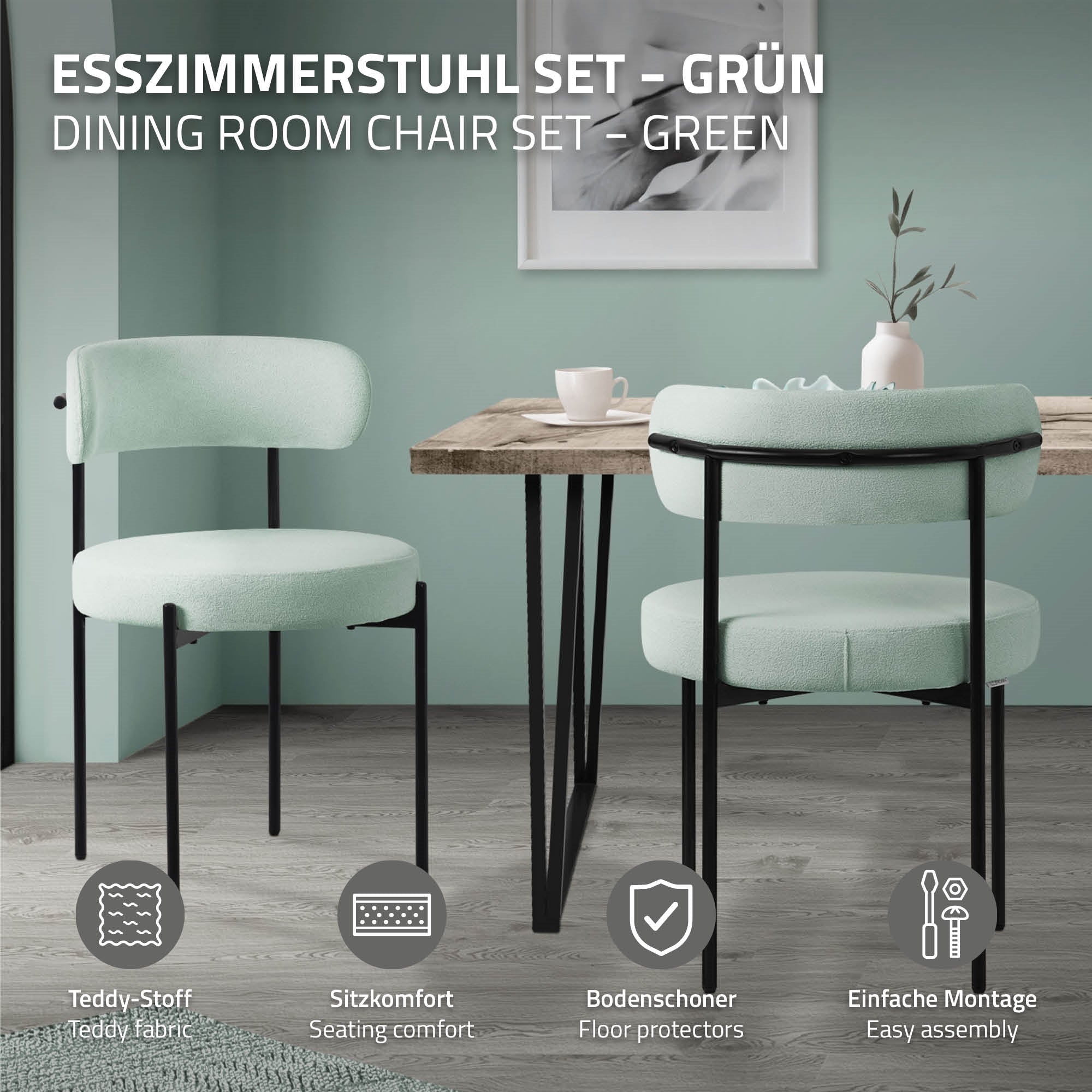 ECD Germany Möbel chaise salle à manger bouclé vert lot de 2