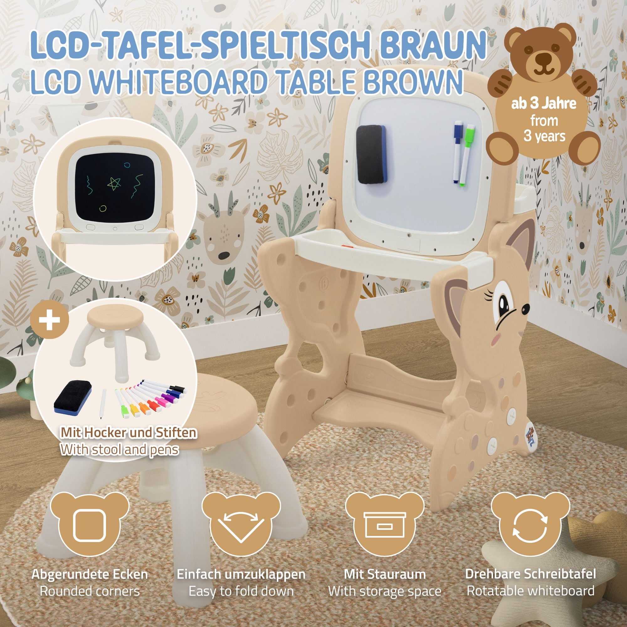 ECD Germany Kinder Joyz table enfant 3-en-1 marron + tabouret