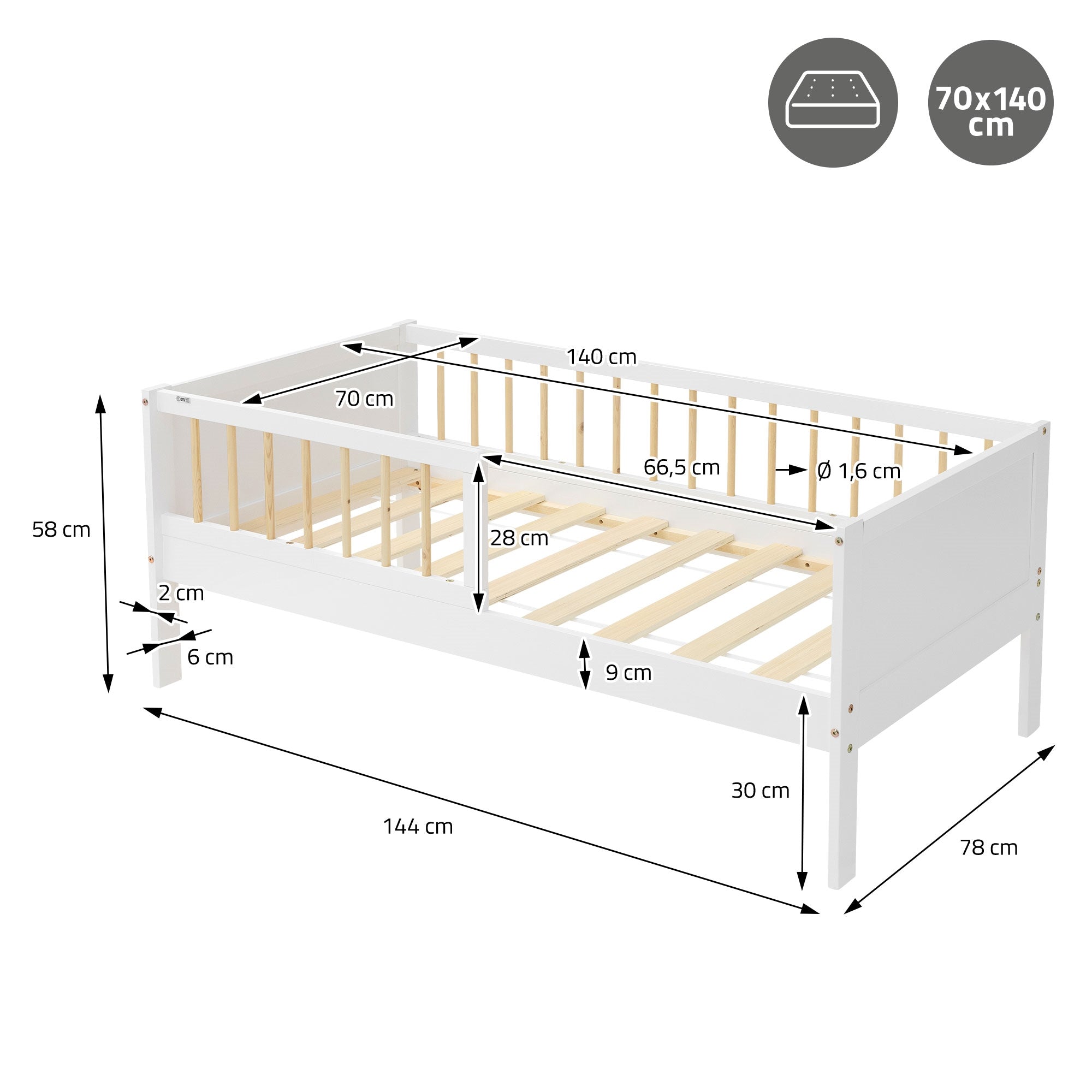ECD Germany Kinder lit enfant pin 70x140 blanc naturel sommier