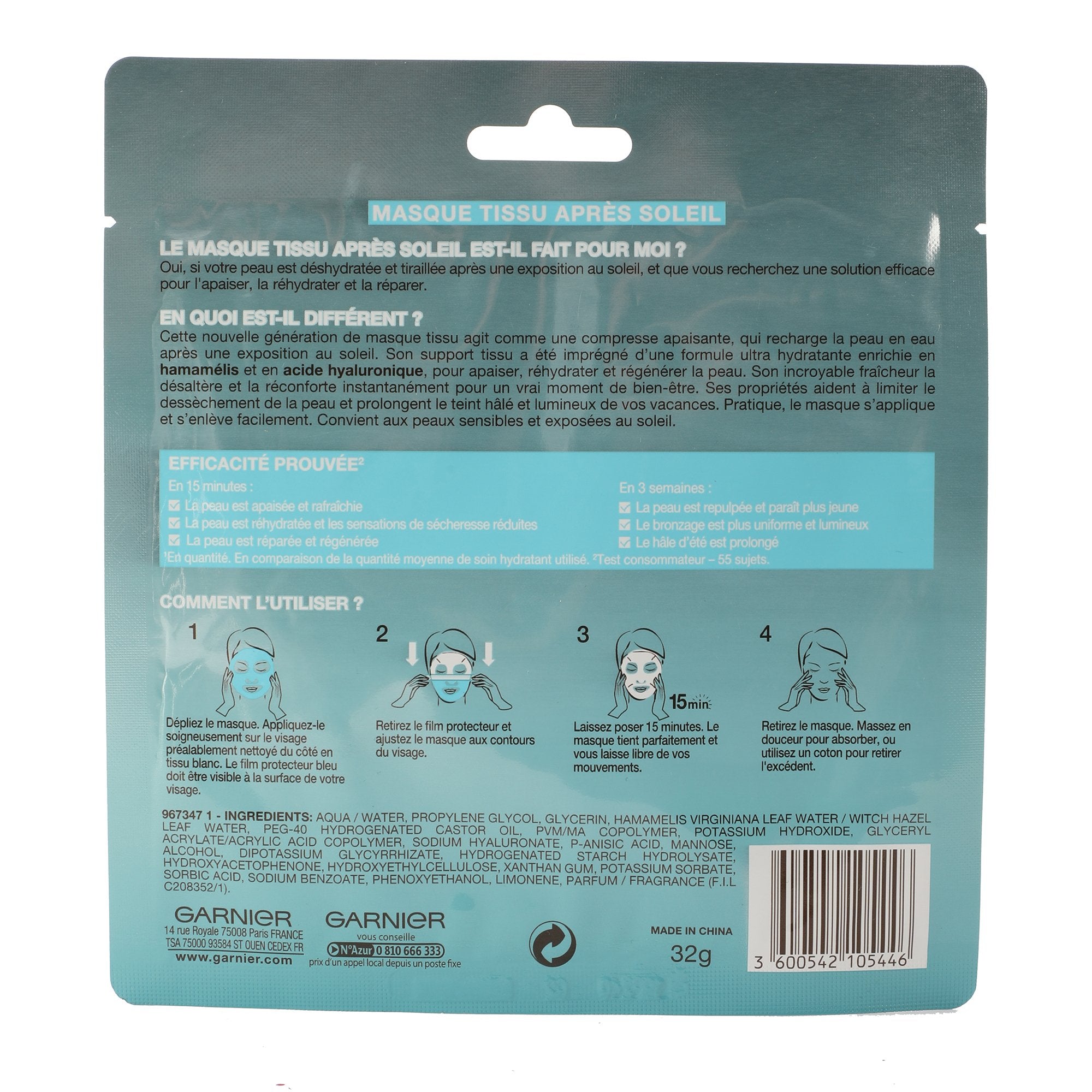 Garnier Masque en tissu après-soleil visage hydratant